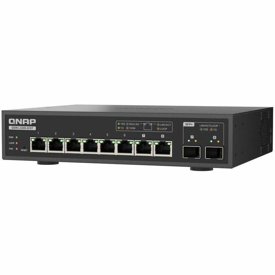 QNAP QSW-L3208-2C6T

1 2 3 4 5 6 7 8

10G 5G/2.5G 1G 100M

SFP+ LINKACT/LOOP 10G 1G

LOOP FAN RESET