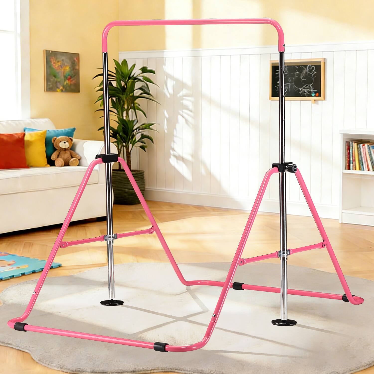 Left. Ainfox - Ainfox Gymnastics Bar Foldable Horizontal Bar Adjustable Height,Training Bar with Optional Mat - Pink-without Mat.