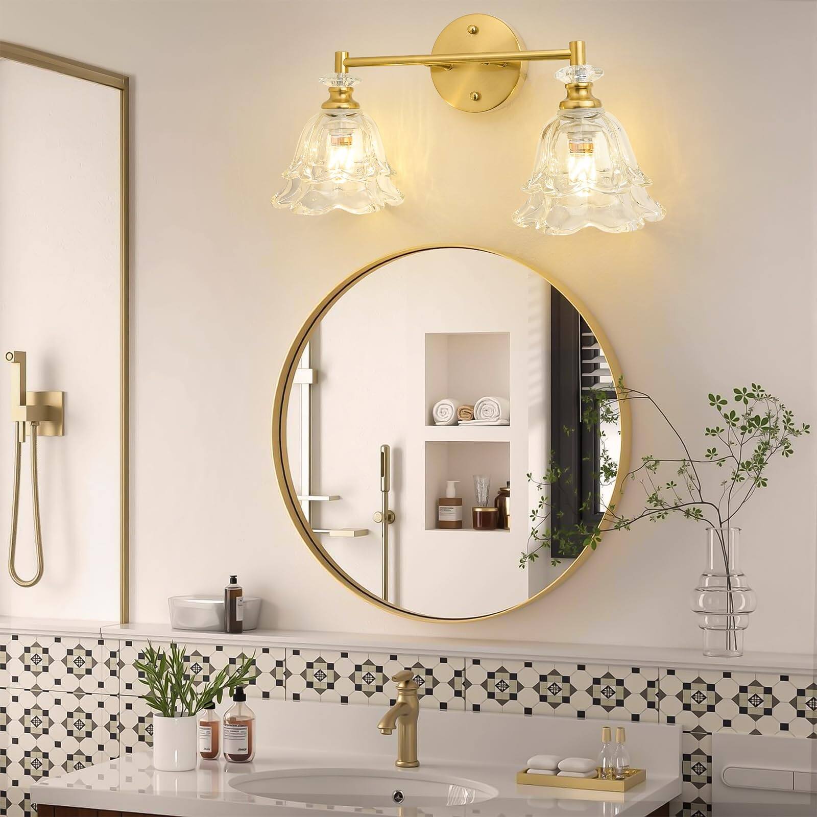 Left. TECH SAFARI - Vintage Bathroom Light Fixtures Over Mirror Vanity For Brass With Flower Glass Lampshade Bedroom Living Roo - Green 2 light.