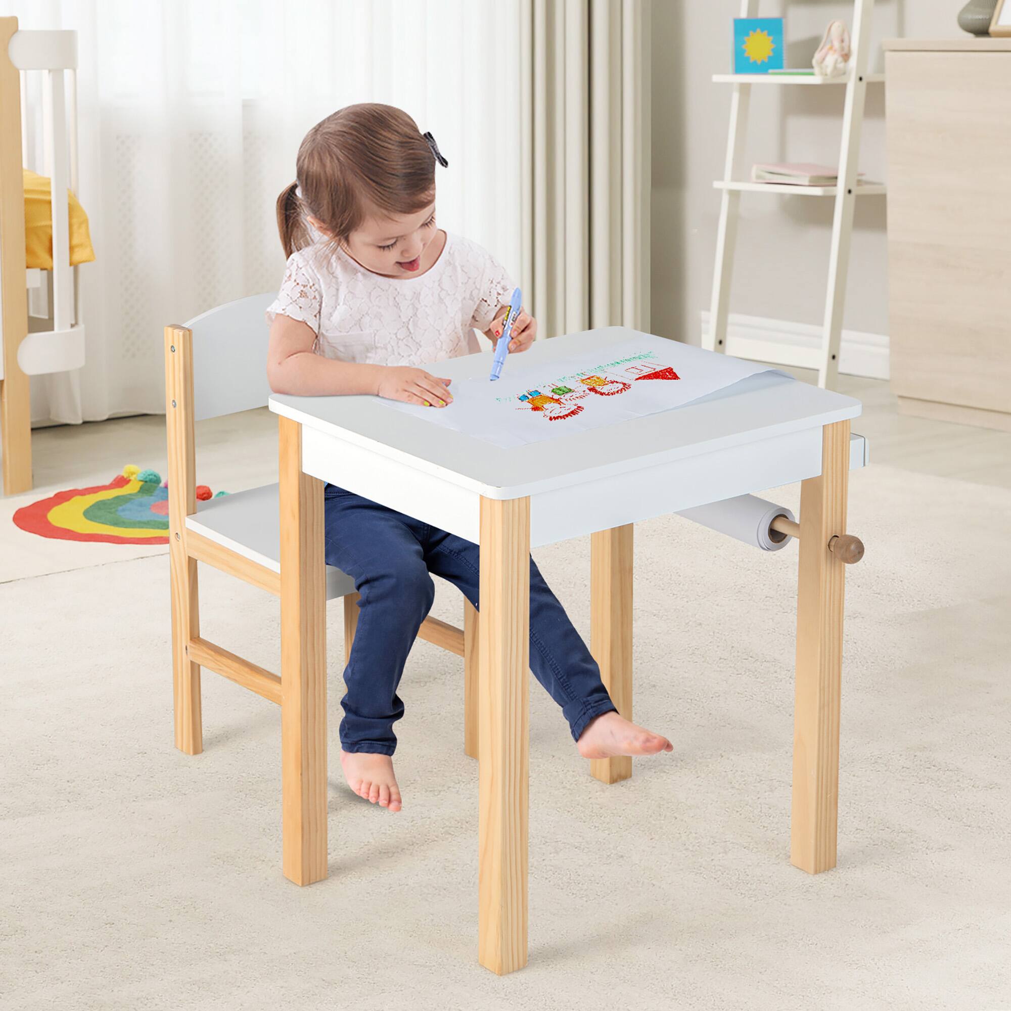 Alt View 3. Costway - Costway Kids Table and Chair Set Wooden Activity Drawing Study Desk with Paper Roll  Drawer - Natural,White.