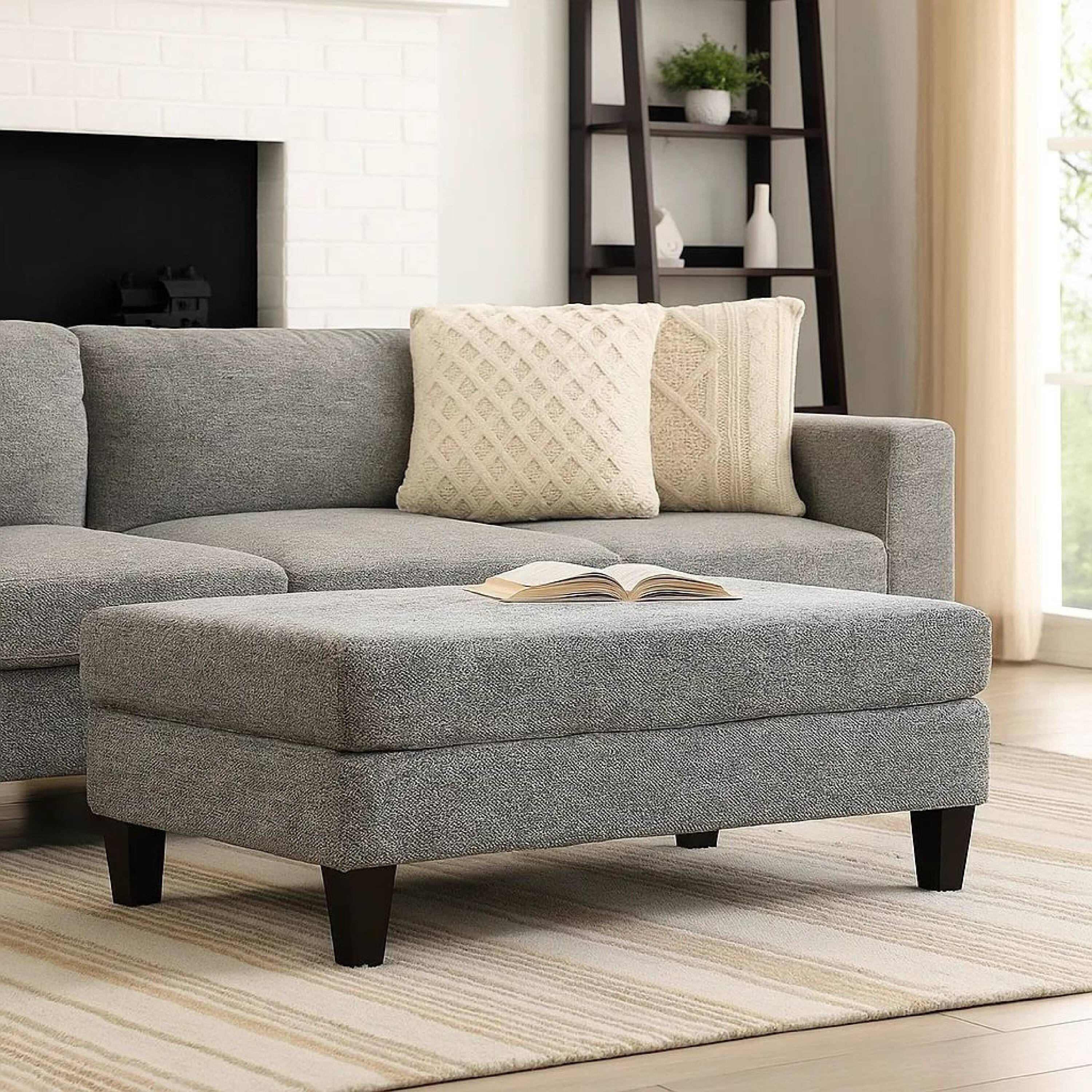 Alt View 5. Manhattan Lane - Fabric Upholstered Wooden Ottoman with Tapered Legs - Gray.