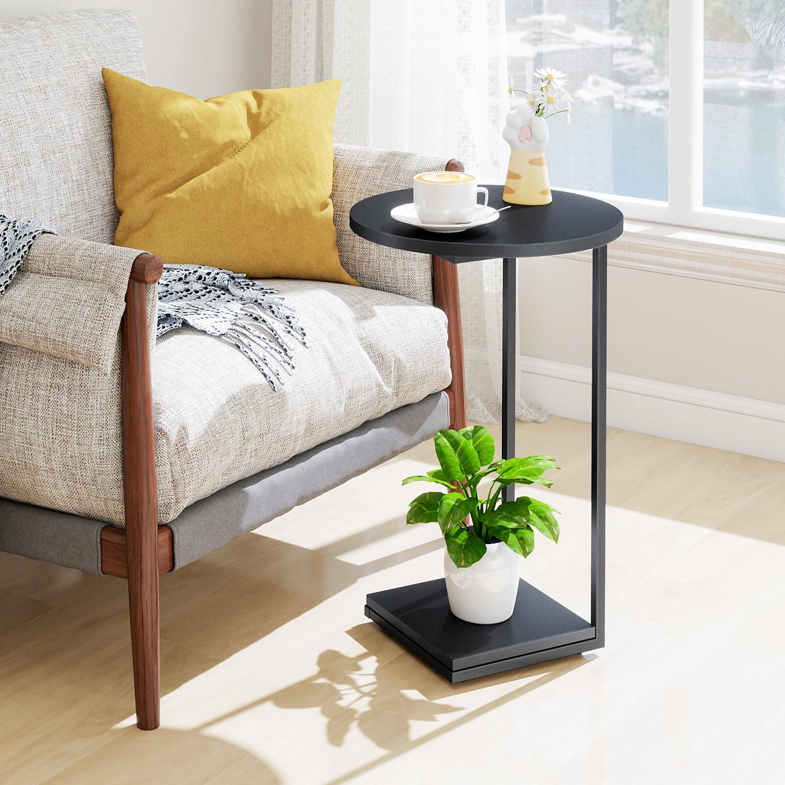 Alt View 2. Fabibe - C End Table Couch That Slide Under Small Sofa Side In Living Room Bedroom Black - Black Round.