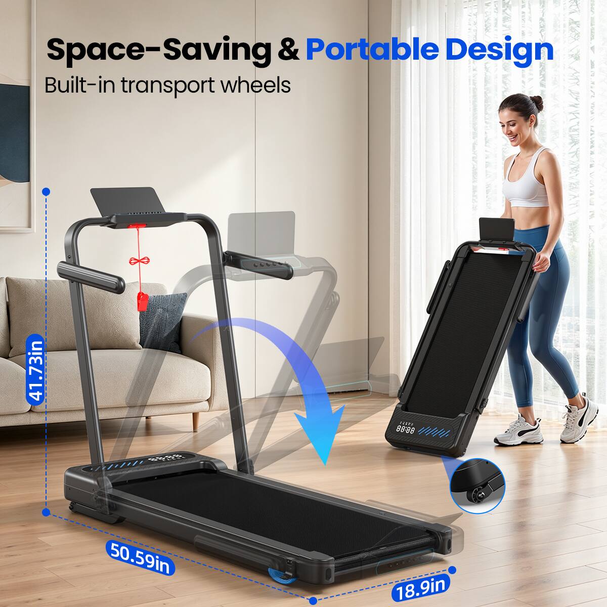 Space-Saving & Portable Design  
Built-in transport wheels  

1.73in  
41.73in  
50.59in  
18.9in