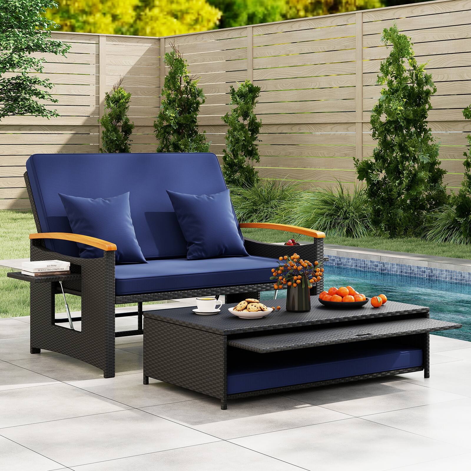 Alt View 3. Gymax - Gymax Patio Rattan Daybed Set w/Cushioned Loveseat & Storage Ottoman for Porch Outdoor Navy - Black.