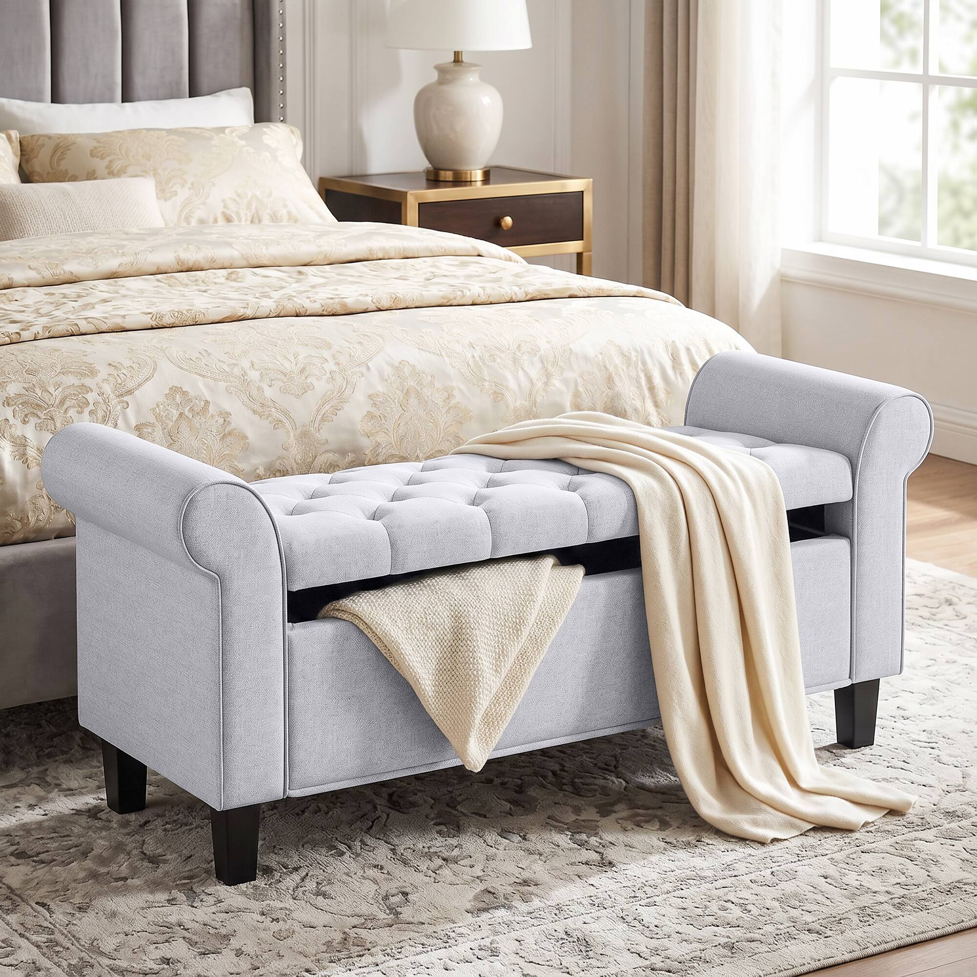 Alt View 1. Homcom - Storage Ottoman Bench, Tufted End of Bed Bench with Rolled Arms, Safety Hinge, Wood Legs for Bedroom - Light Gray.