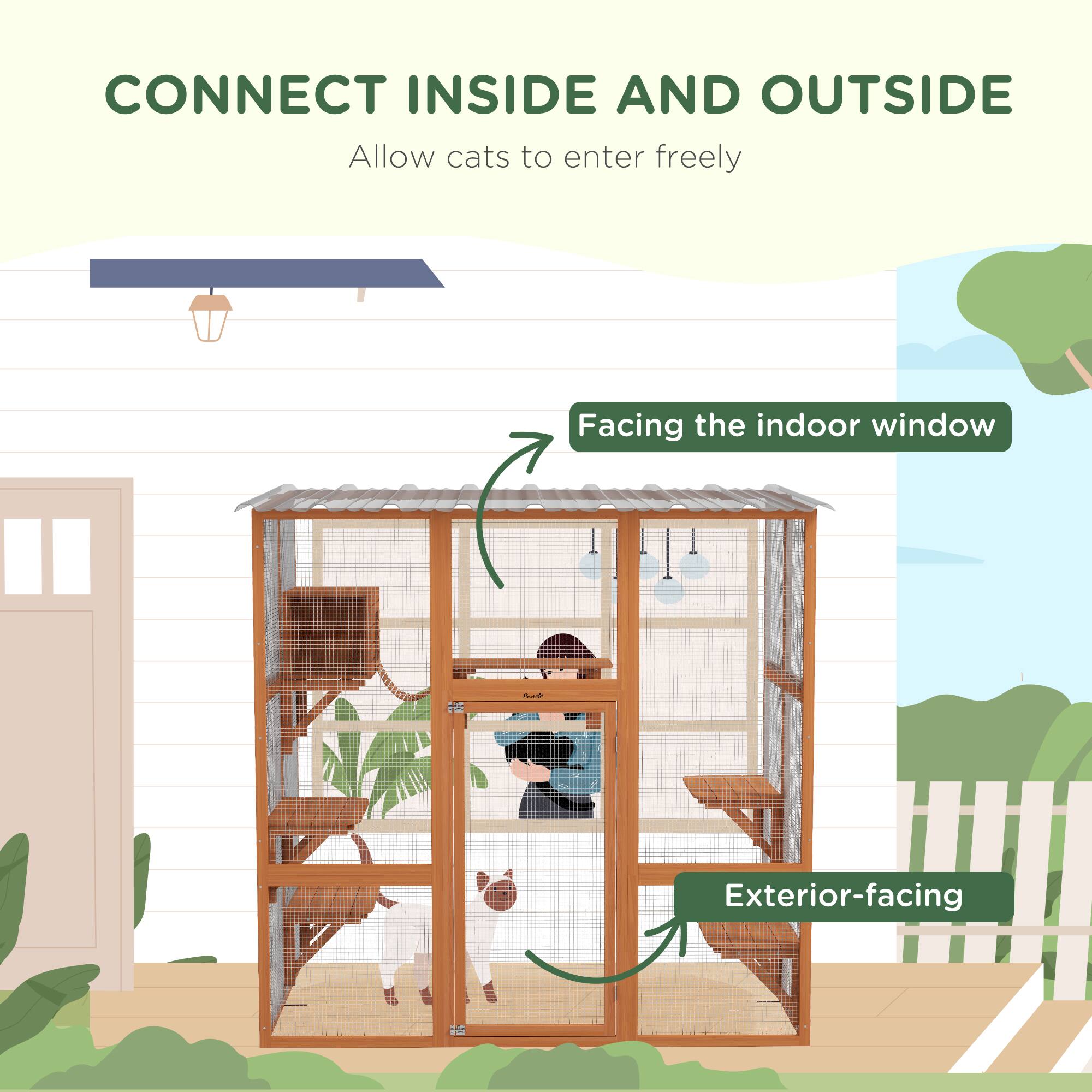 CONNECT INSIDE AND OUTSIDE  
Allow cats to enter freely  

Facing the indoor window  
Exterior-facing