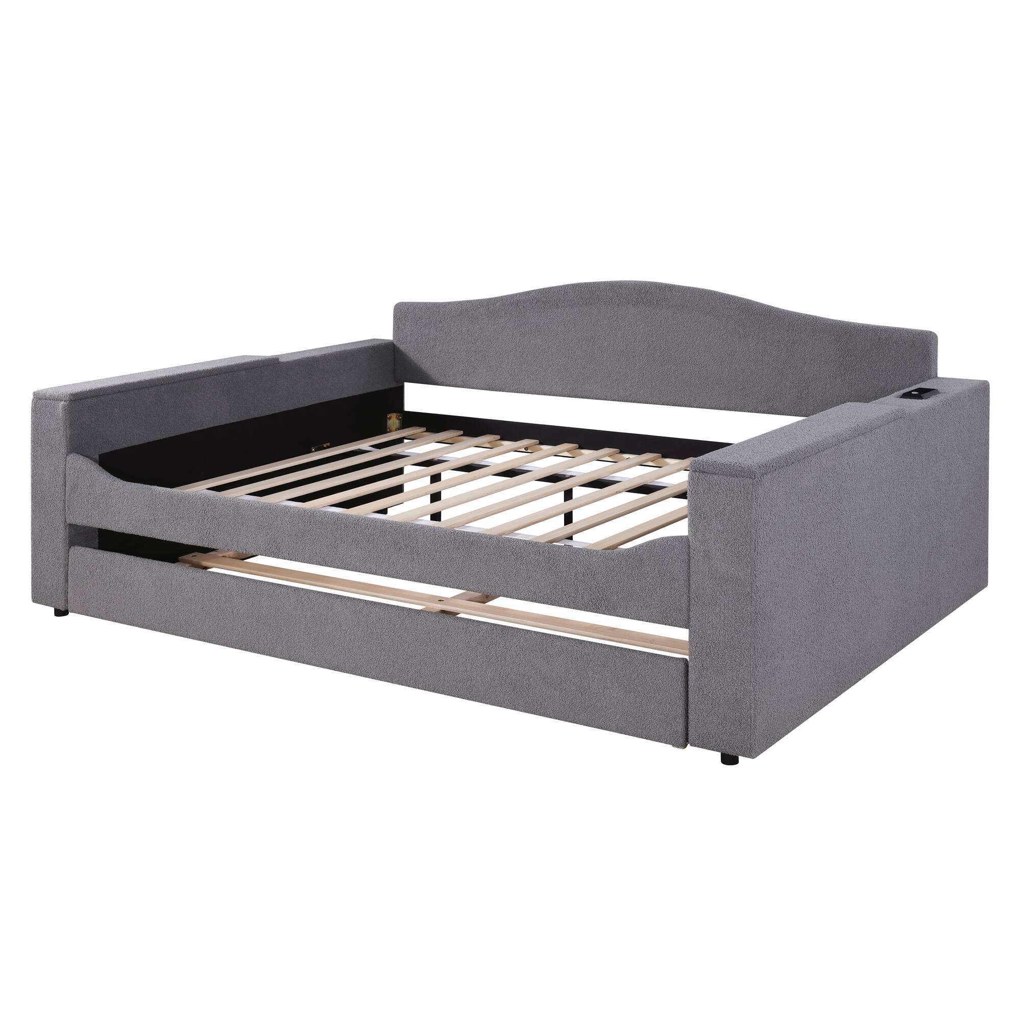 Alt View 2. Tiramisubest - Full Size Upholstered Daybed with Storage Armrests, Trundle and Latest Integrated Bluetooth Audio System, Teddy Fleece - Gray.