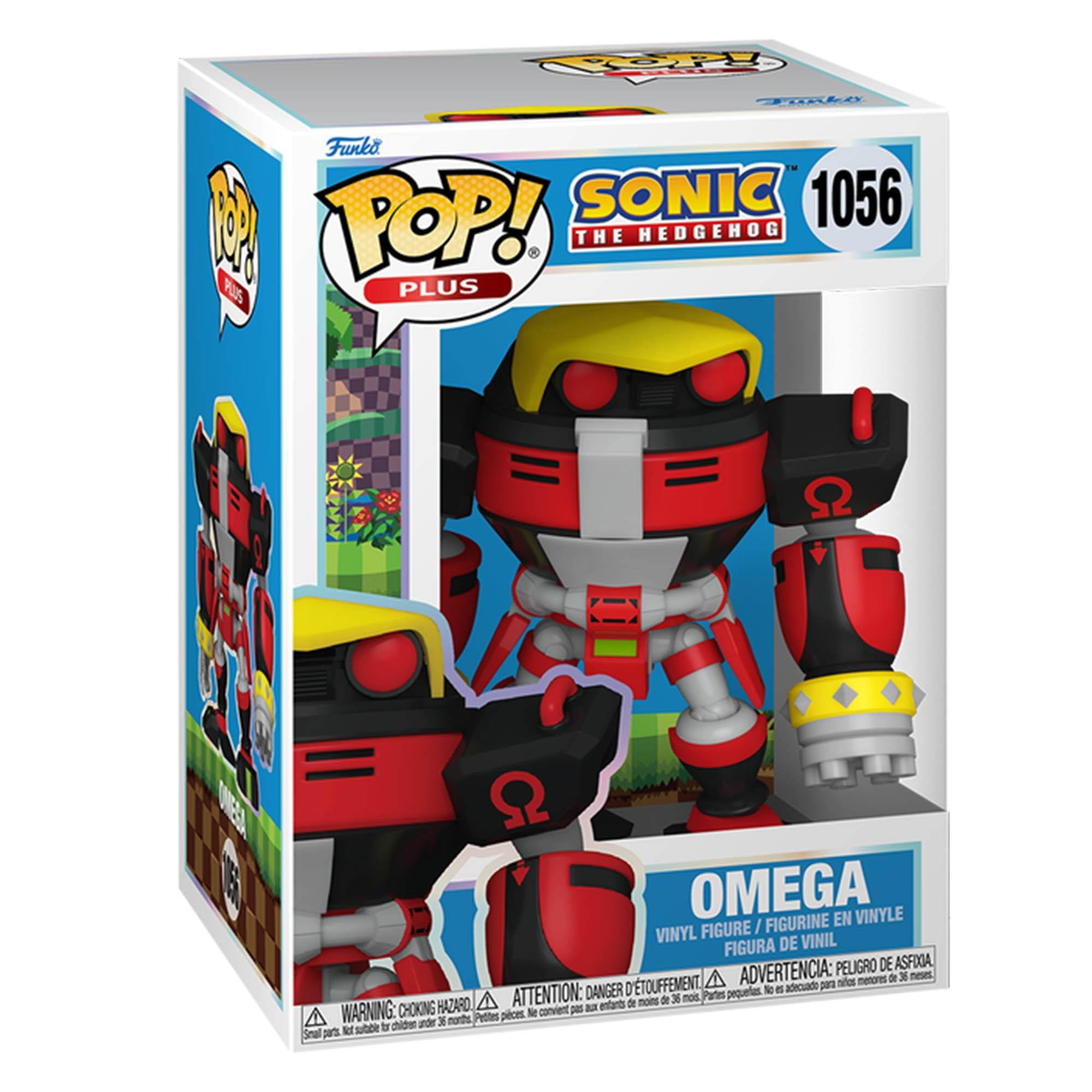 Sure, here is the corrected and grouped text from the image:

---

**Front:**
- **Top Left:** Funko
- **Top Center:** POP! PLUS
- **Top Right:** SONIC THE HEDGEHOG 1056
- **Bottom Center:** OMEGA
- **Bottom Right:** VINYL FIGURE / FIGURINE EN VINYLE / FIGURA DE VINIL

**Side:**
- **Left Side:** WARNING: CHOKING HAZARD - Small parts. Not for children under 3 years. ATTENTION: PELIGRO DE ASFIXIA - Pequeñas piezas. No es adecuado para menores de 3 años. ADVERTENCIA: PEQUENAS PIEZAS - PELIGRO DE ASFIXIA. No es adecuado para menores de 3 años.

**Bottom:**
- **Left:** WARNING: CHOKING HAZARD - Small parts. Not for children under 3 years.
- **Center:** ATTENTION: PELIGRO DE ASFIXIA - Pequeñas piezas. No es adecuado para menores de 3 años.
- **Right:** ADVERTENCIA: PEQUENAS