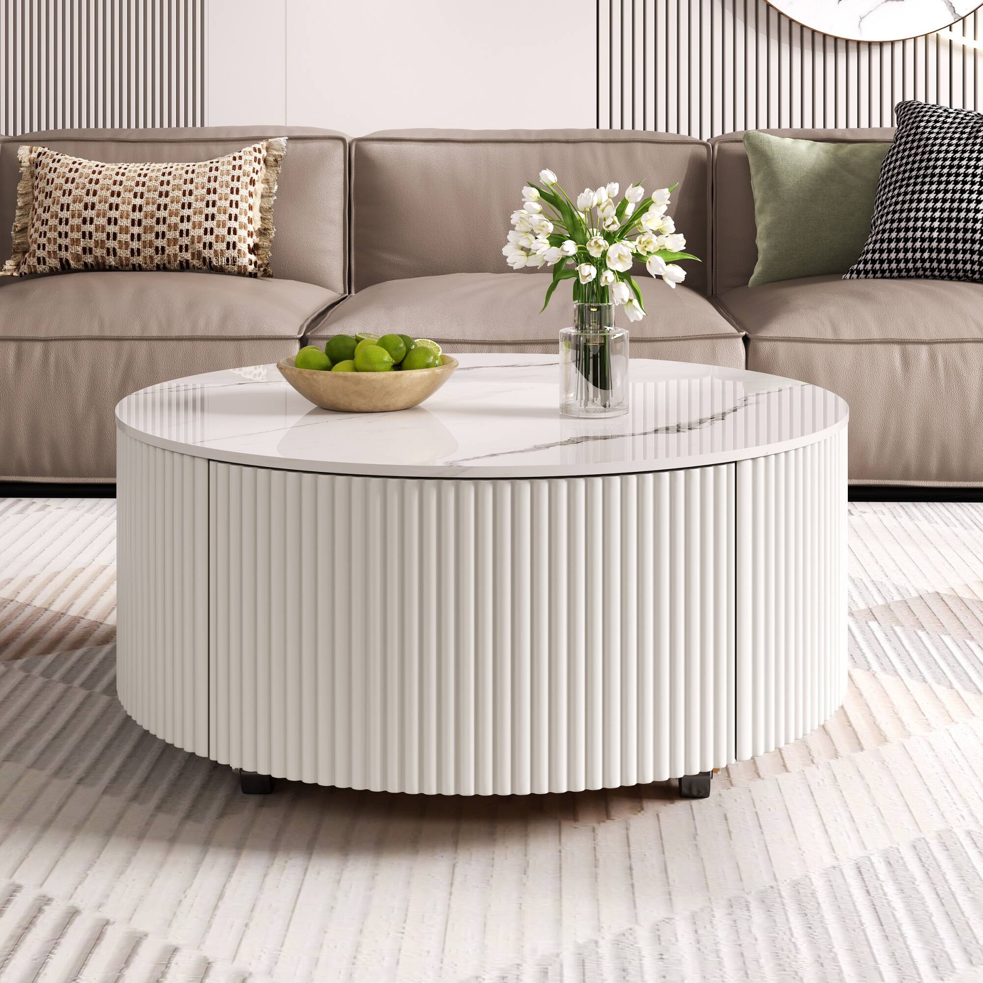 Angle. Tiramisubest - Modern Round Movable Coffee Table with Casters, 2 Drawers, Marble Pattern Sintered Stone Top, White, 29.5" - White.