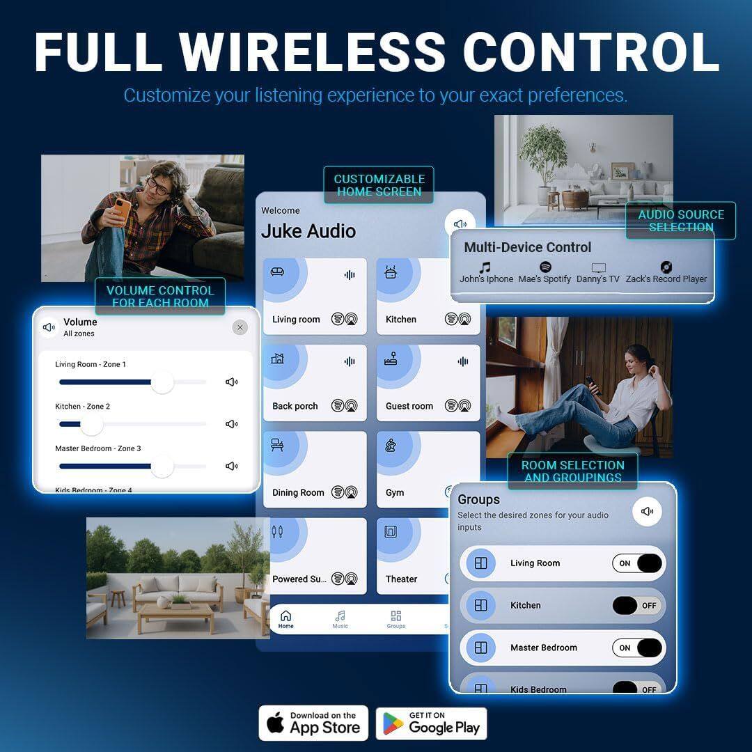 FULL WIRELESS CONTROL  
Customize your listening experience to your exact preferences.

CUSTOMIZABLE HOME SCREEN  
Welcome Juke Audio

VOLUME CONTROL FOR EACH ROOM  
Volume  
All zones  
Living Room - Zone 1  
Kitchen - Zone 2  
Master Bedroom - Zone 3  
Kids Bedroom - Zone 4

AUDIO SOURCE SELECTION  
Multi-Device Control  
John's iPhone  
Mae's Spotify  
Danny's TV  
Zack's Record Player

ROOM SELECTION AND GROUPINGS  
Groups  
Select the desired zones for your audio inputs  
Living Room - ON  
Kitchen - OFF  
Master Bedroom - ON  
Kids Bedroom - OFF

Download on the App Store  
GET IT ON Google Play