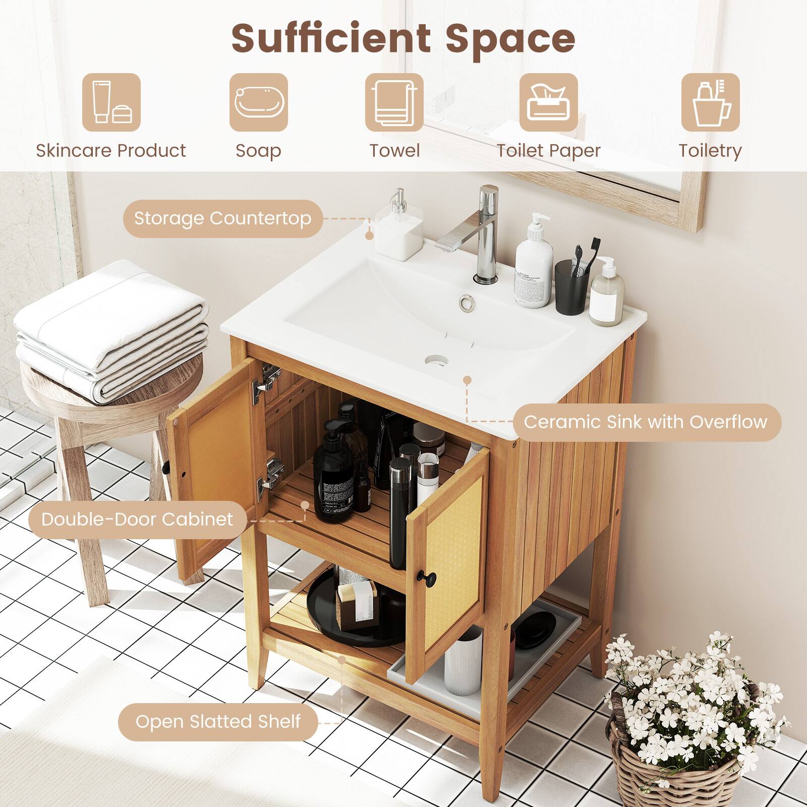 Sufficient Space

- Skincare Product
- Soap
- Towel
- Toilet Paper
- Toiletry

Storage Countertop

Ceramic Sink with Overflow

Double-Door Cabinet

Open Slatted Shelf