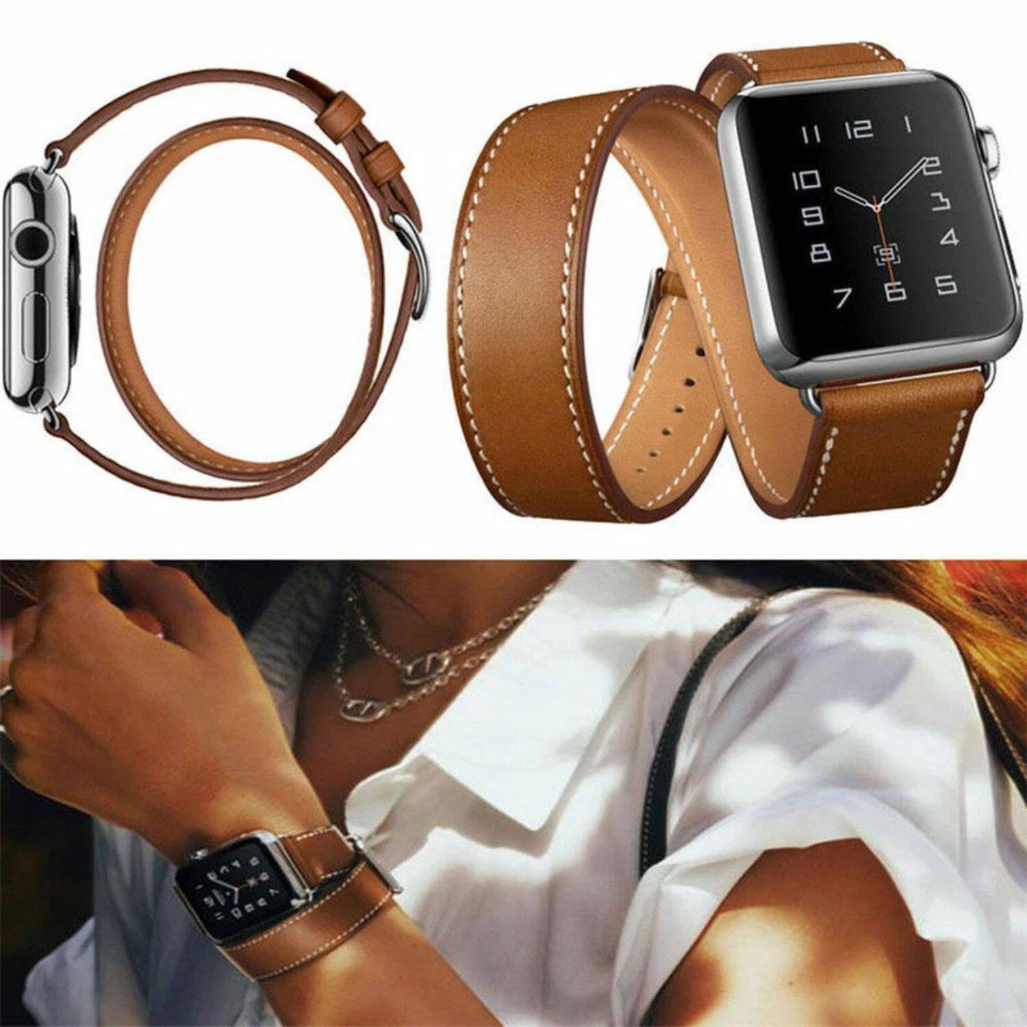 Left. Stock Preferred - Genuine Leather Watch Band with Connector for Apple Watch 38mm – Classic Wrap-Around Strap (280mm, Unisex) - Brown.