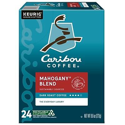 KEURIG GENUINE K-CUP PODS  
Caribou Coffee  
MAHOGANY BLEND  
SUSTAINABLY SOURCED  
DARK ROAST COFFEE  
THE EVERYDAY LUXURY  
24 RECYCLABLE K-CUP PODS  
NET WT 9.6 OZ (273g)