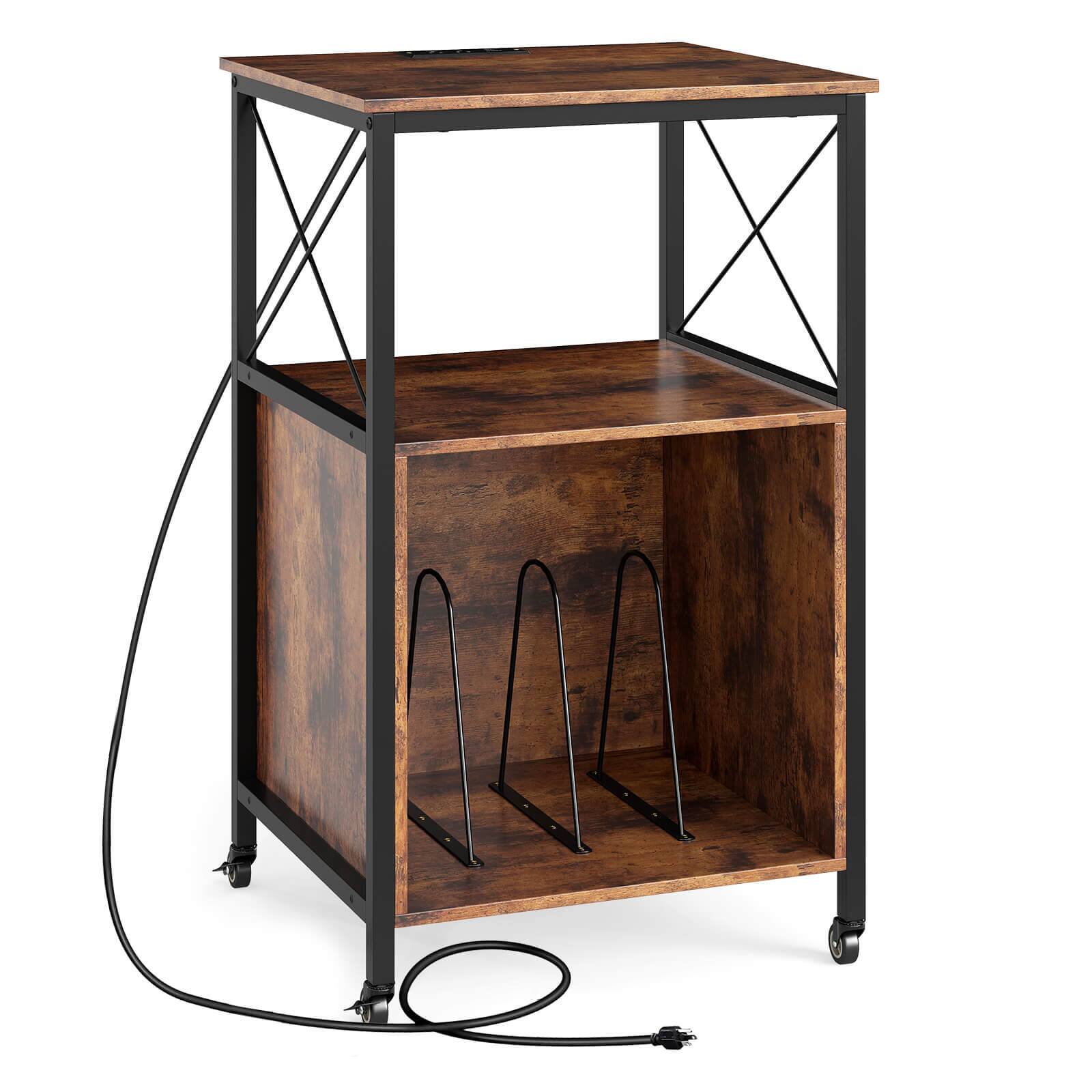 Alt View 9. Costway - Costway Mobile Record Player Stand with Power Outlet Open Shelf & Dividers Metal Frame - Brown.