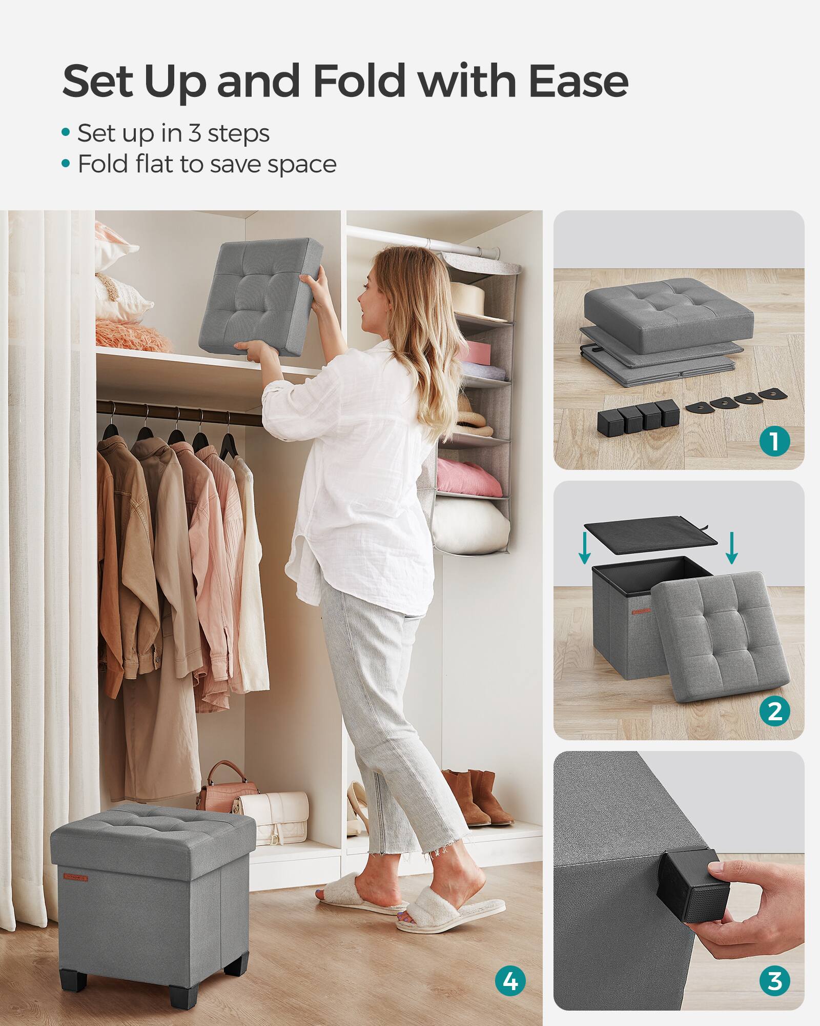 Set Up and Fold with Ease  
Set up in 3 steps  
Fold flat to save space  
1  
2  
3  
4