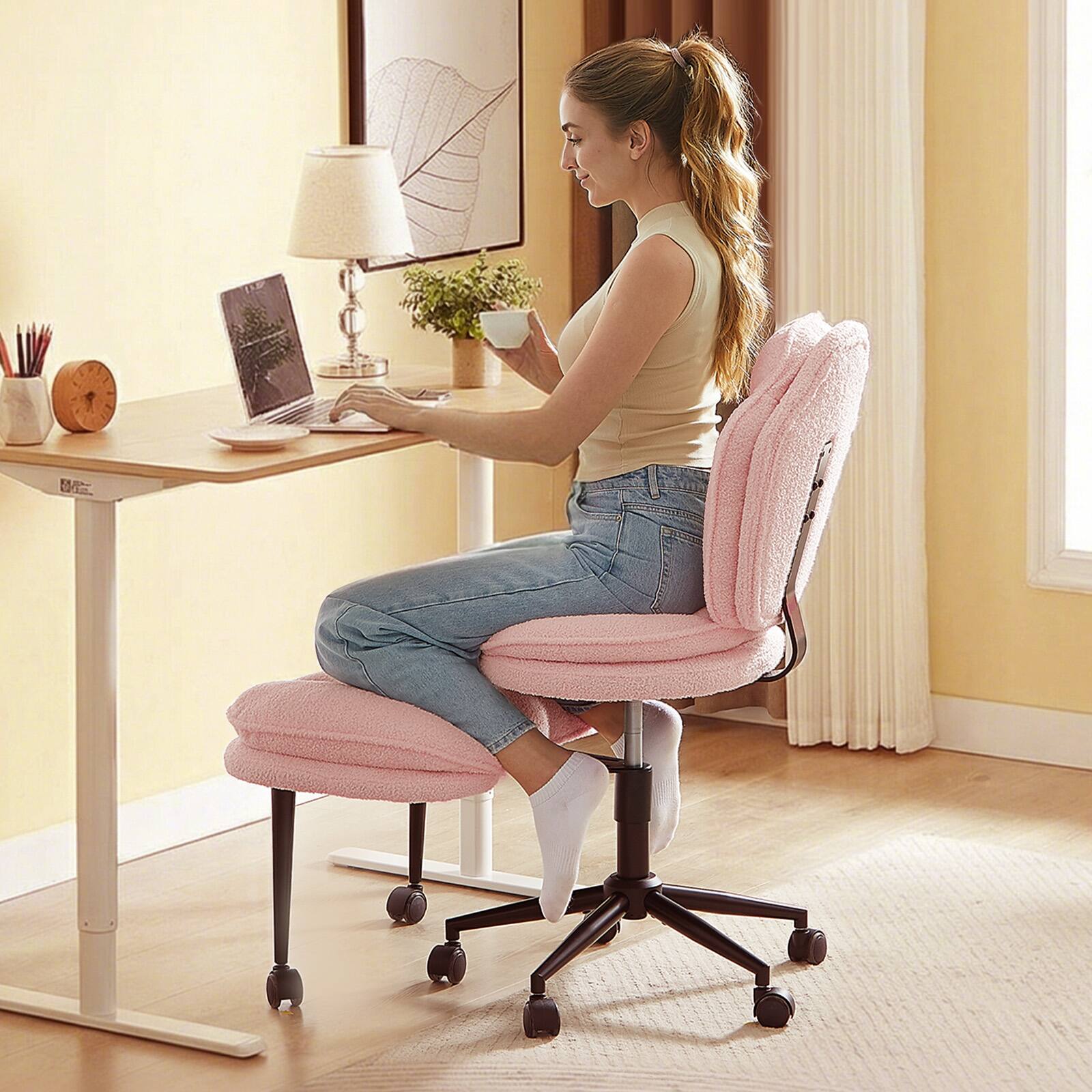 Angle. Pinmoco - Cross Legged Office Chair Cloud Criss Cross Desk Chair with Lumbar Support Height Adjustable Swivel Chair Yoga Chair - Fabric Pink.