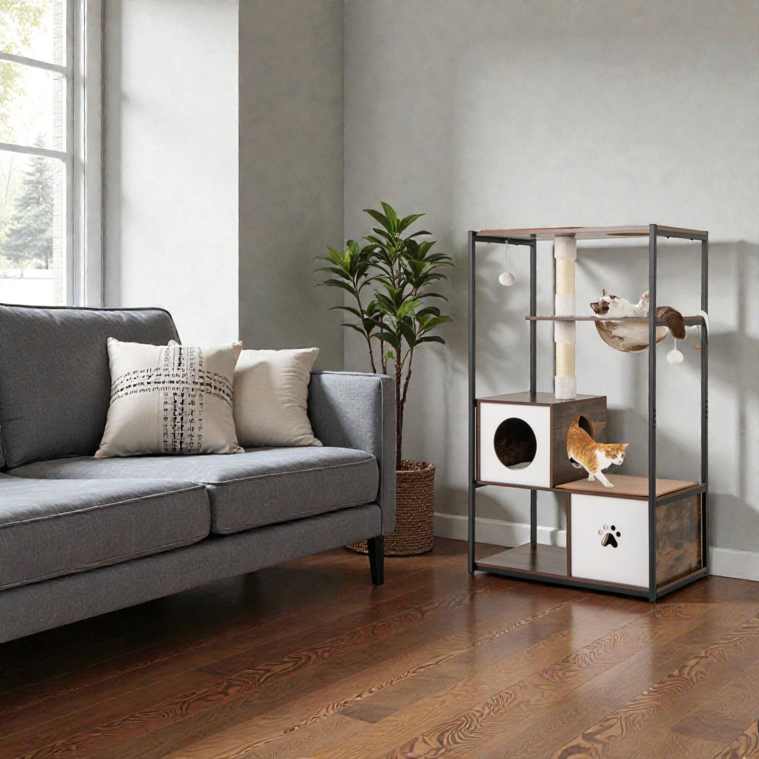 Front. BreeBe - Tall 52-Inch Cat Tree Featuring Metal Support, Dual Condos, and Soft Cushions - Coffee.