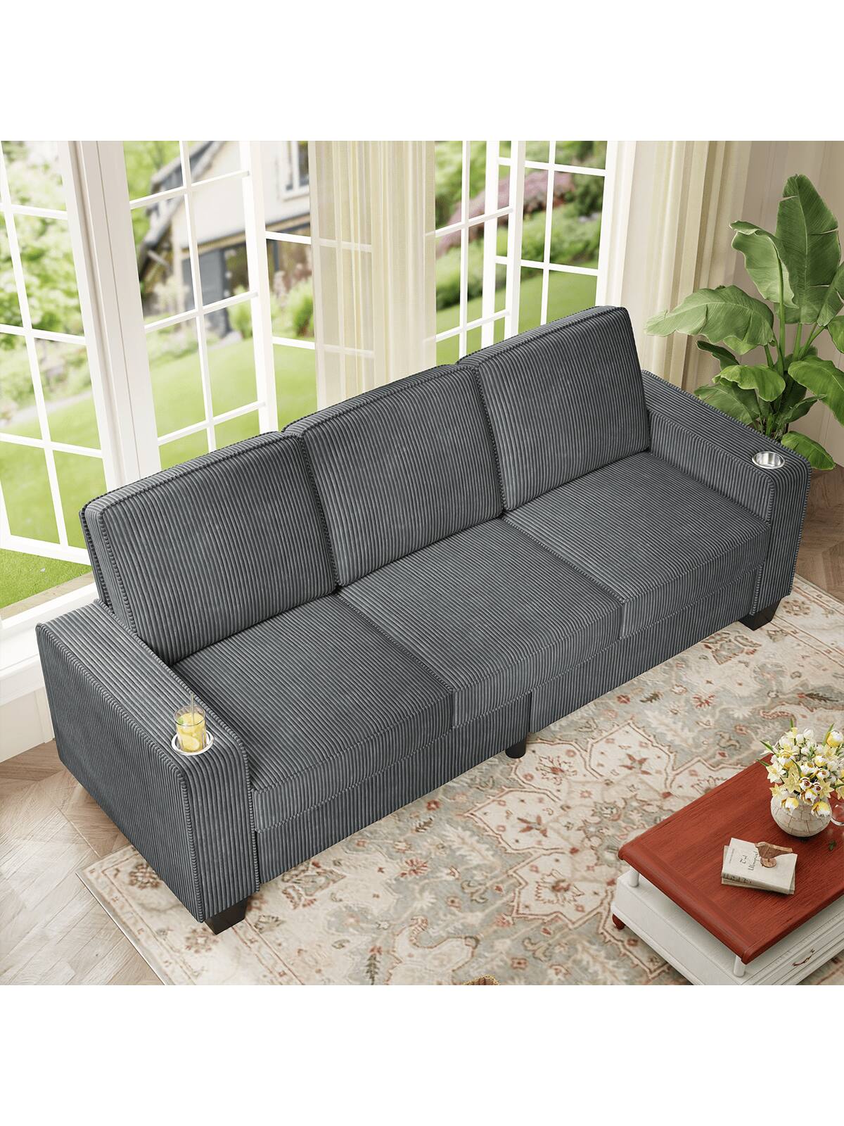 Left. Trinkets Crazed - 83.5 Inch Oversized 3 Seater Couch,Upholstered Corduroy Love Seat Sofa for Living Room,Modern Deep Seat Loveseat Sofa - Gray.