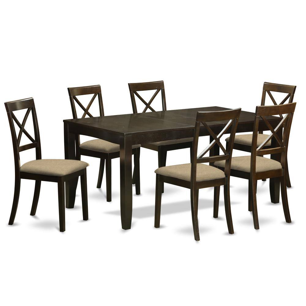 Left. East West Furniture - LYBO7-CAP-C 7 PC Dining room set-Kitchen Tables with Leaf Plus 6 Chairs for Dining room - Cappuccino.