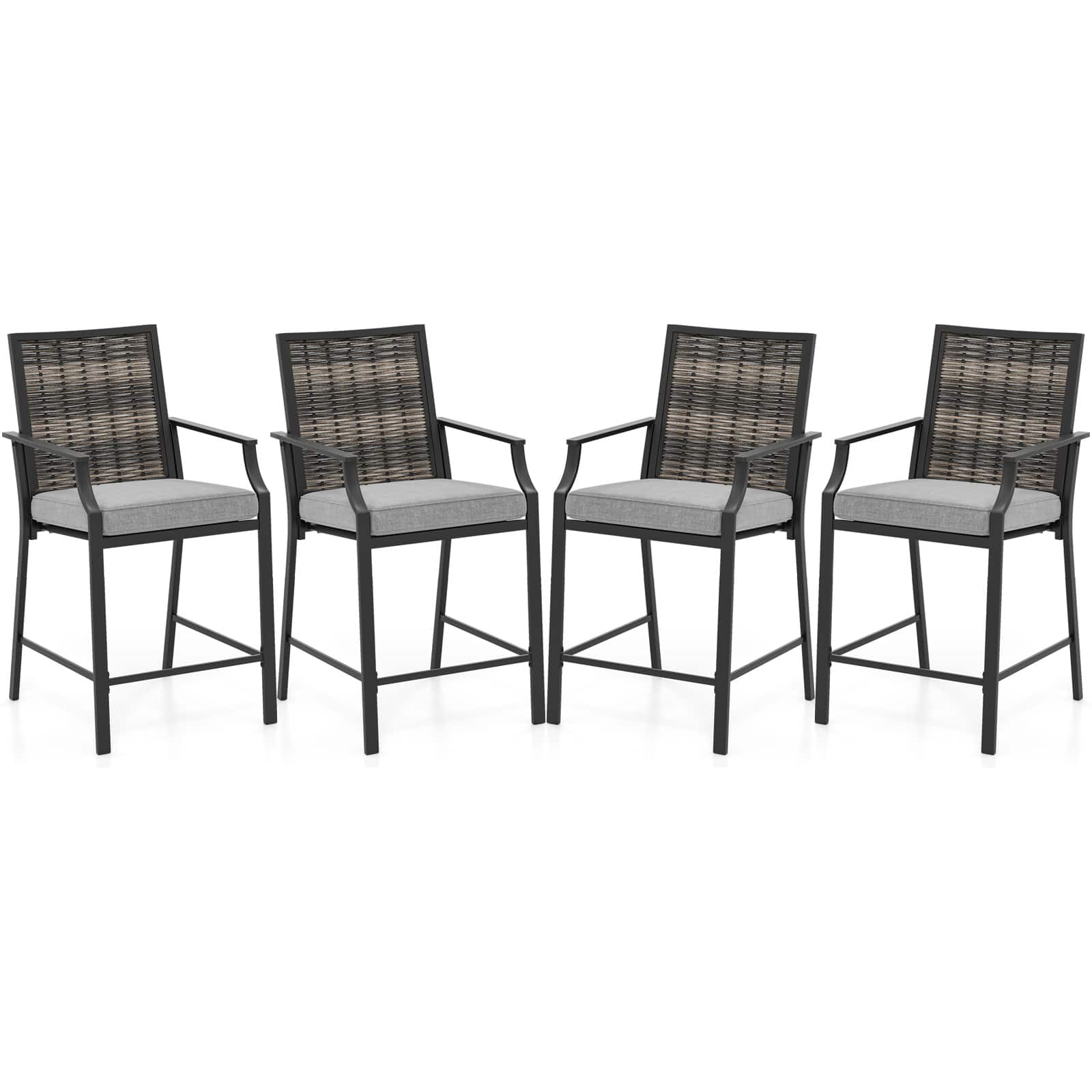 Gymax - Patio Bar Stools Set of 4 w/ Armrest Fabric Seat & Heavy-Duty Metal Frame - Mix Gray