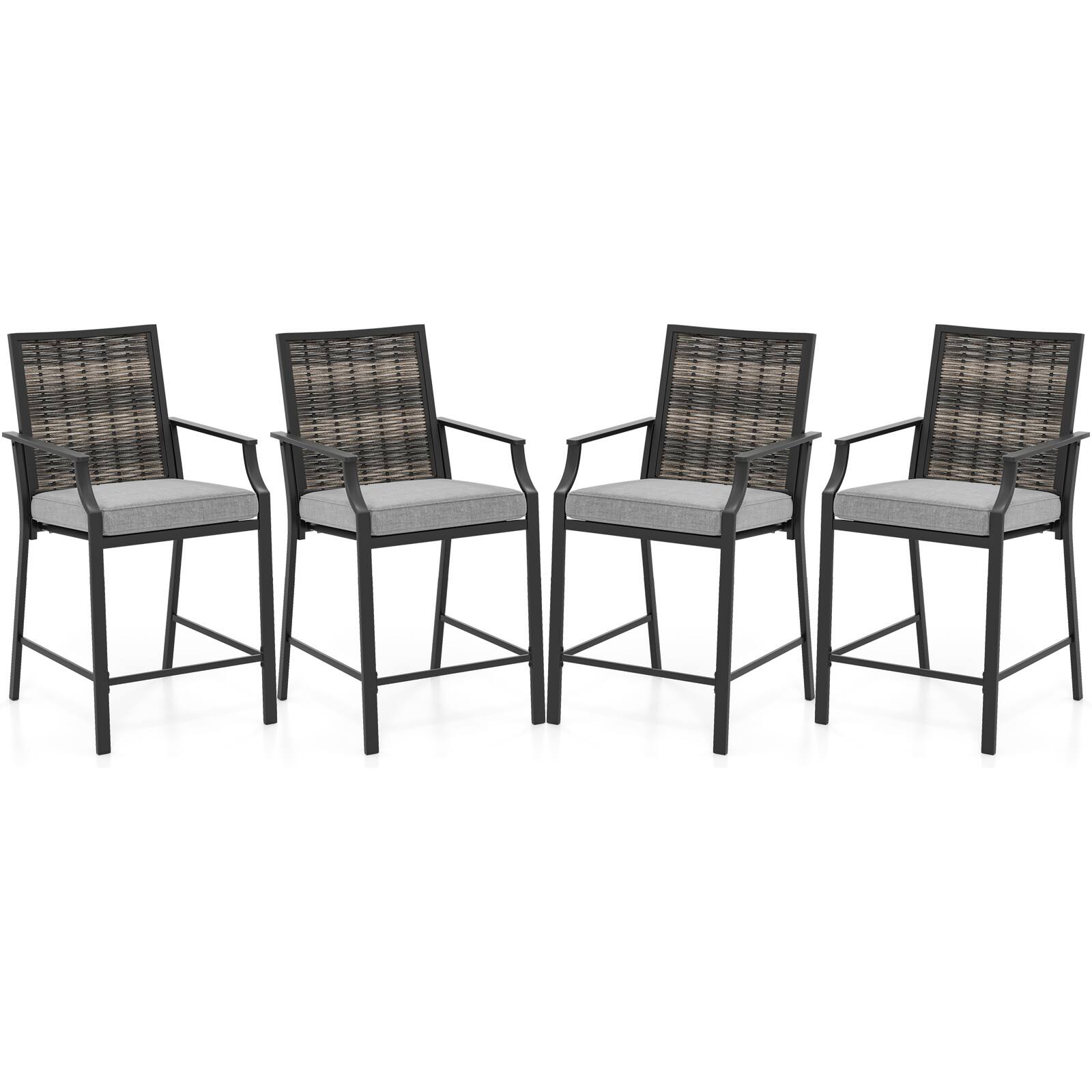 Front. Gymax - Gymax Patio Bar Stools Set of 4 w/ Armrest Fabric Seat & Heavy-Duty Metal Frame - Mix Gray.