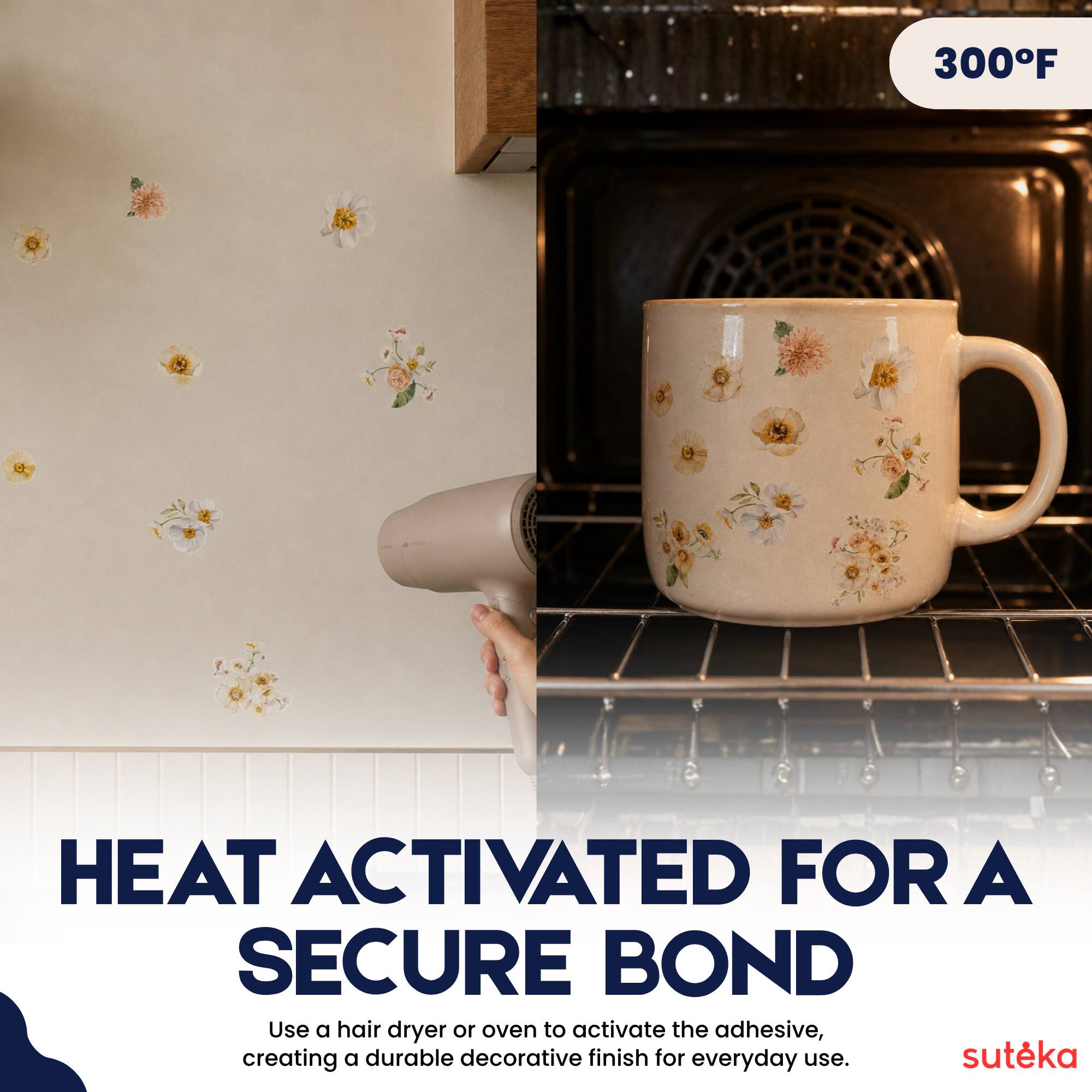 300°F HEAT ACTIVATED FOR A SECURE BOND

Use a hair dryer or oven to activate the adhesive, creating a durable decorative finish for everyday use.

suteka