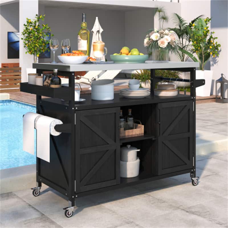 HTUTWOO - Outdoor Kitchen Island Rolling Bar Cart -Wood Grill Table with Stainless Steel Top,Storage Cabinet,Spice Rack,Towel Rack - Black
