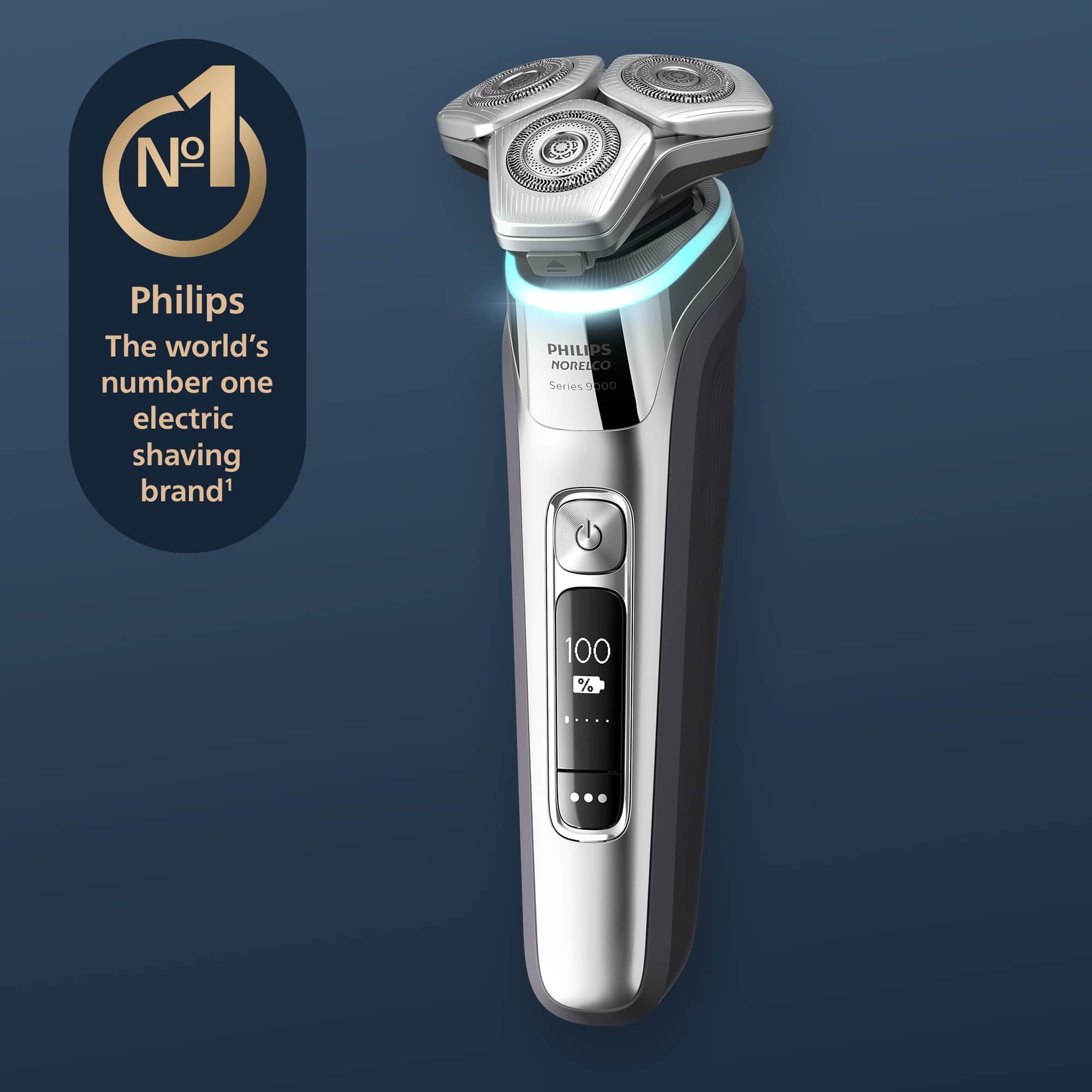 Philips is the world's number one electric shaving brand. The image features the Philips Noreco Series 9000, which has a 100% waterproof design and a blue light.