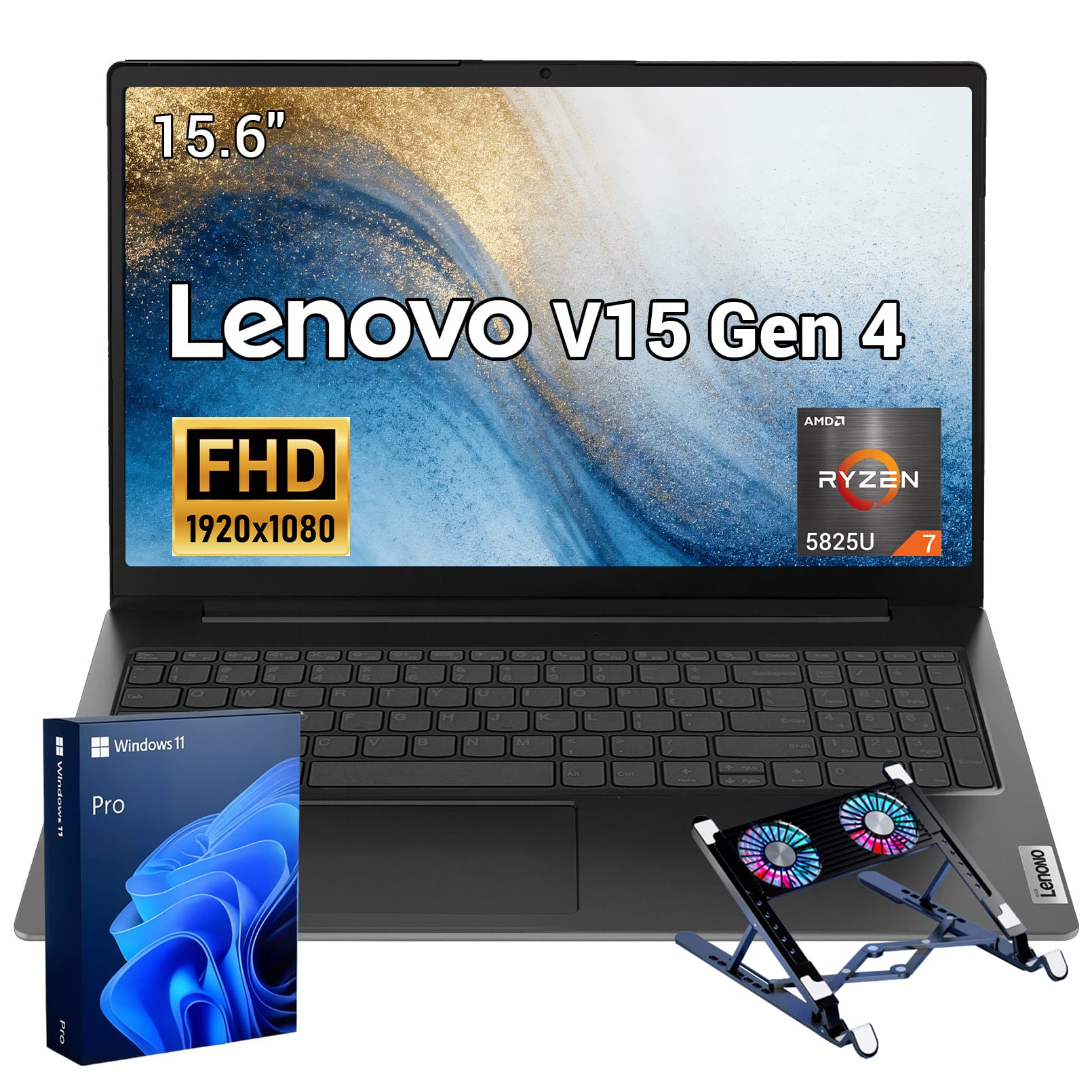 Lenovo - Upgraded - V-Series V15 15.6"FHD Laptop Laptop - AMD Ryzen 7 5825U - 16GB RAM 1TB PCIe M.2 SSD - Numeric Keypad - Laptop Cooler - Black