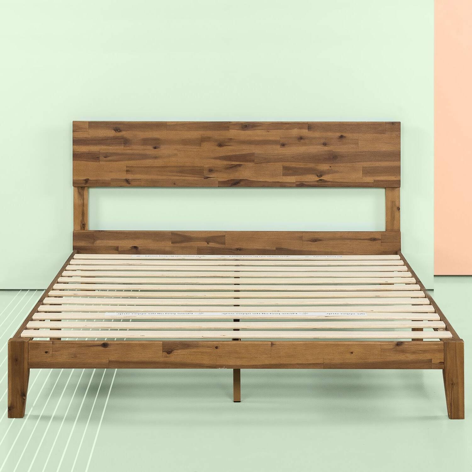 Angle. Hivvago - King size Modern Wood Platform Bed Frame with Headboard in Medium Brown - Brown.