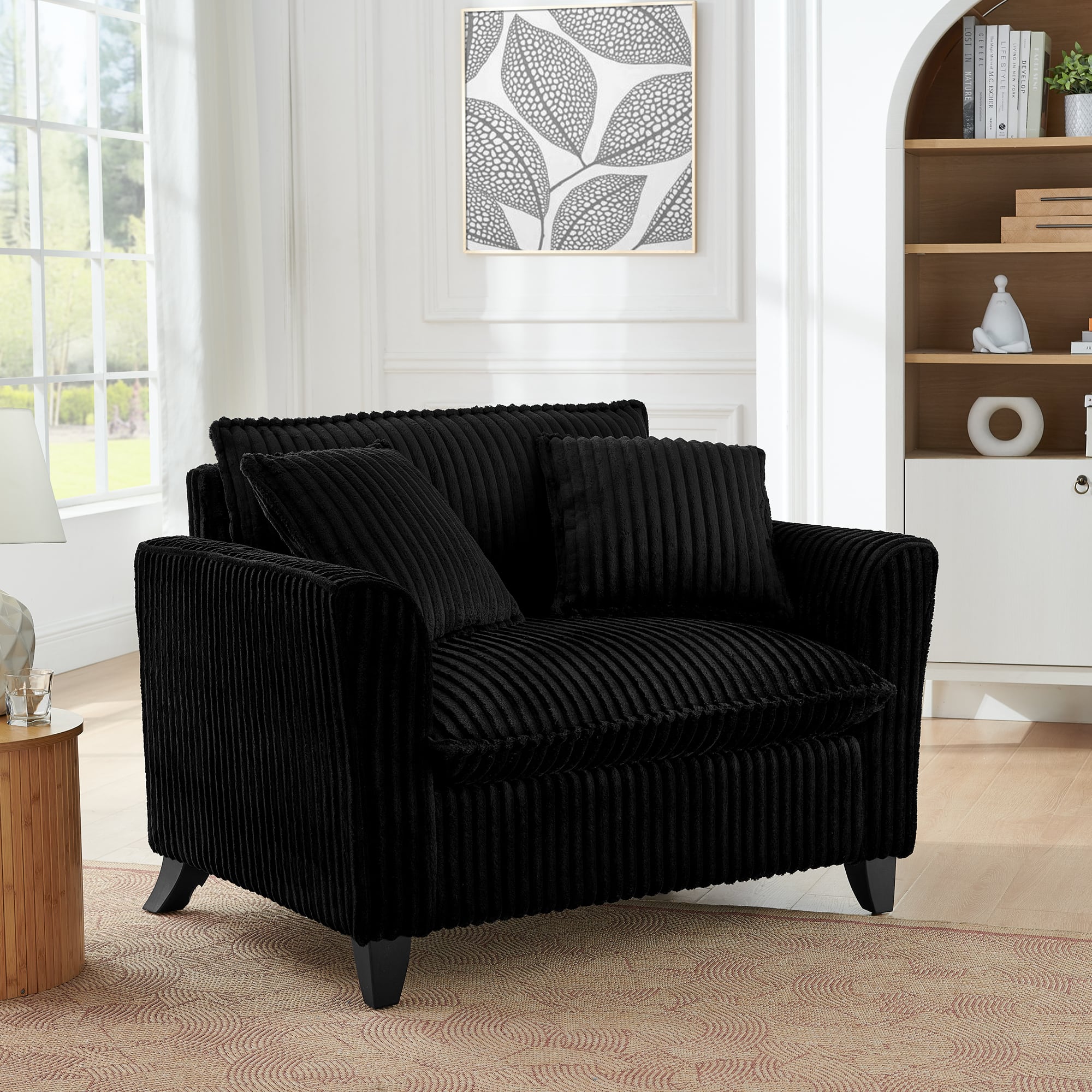 Trinkets Crazed - Wide Accent Armchair with Pillows,Corduroy Oversized Single Sofa, Chair and a Half with Wide Armrest for Living Room - Black