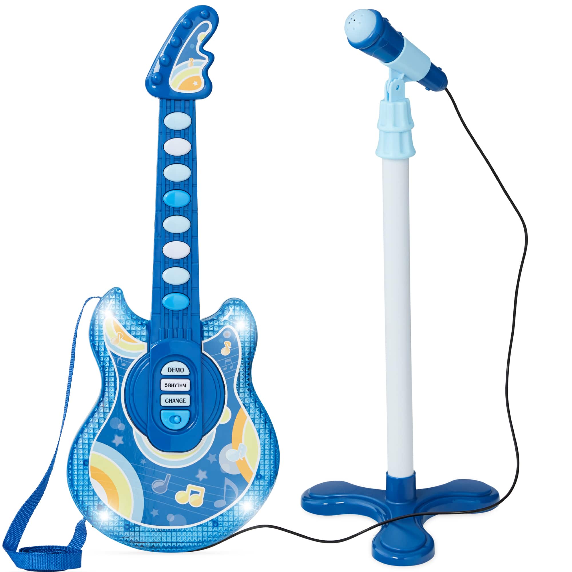 Best Choice Products - Kids Pretend Play Guitar Musical Instrument Toy w/ Microphone, Stand - 19in - Electric Blue