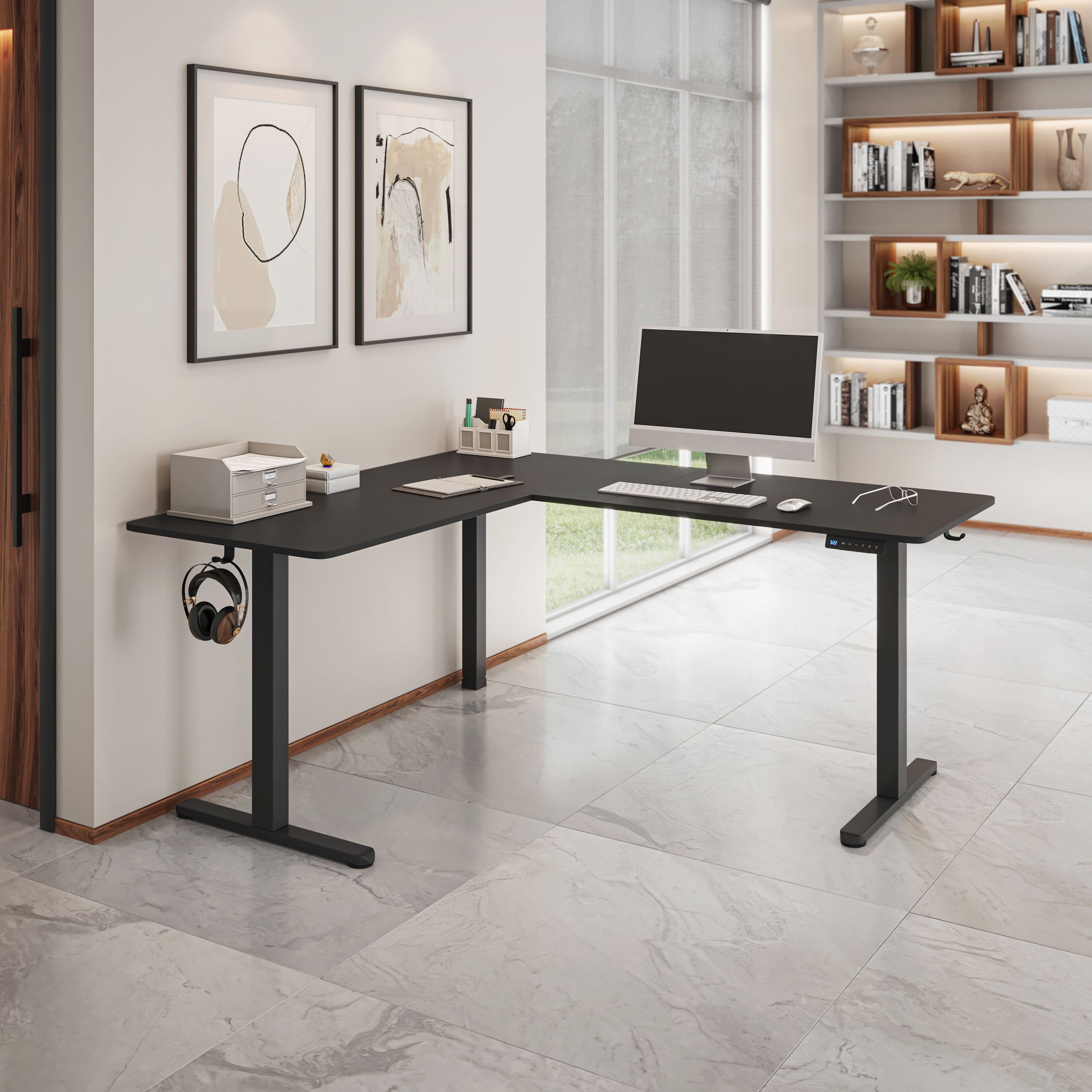 Techni Sport - 63” W L-Shaped Electric Sit- Standing Desk - Black