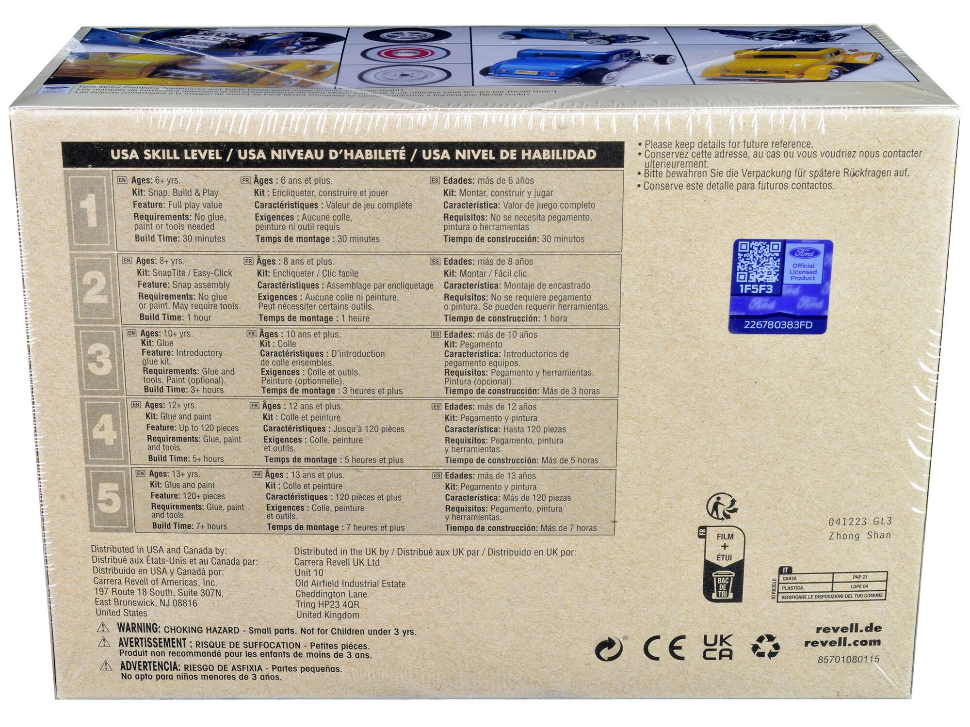 **USA SKILL LEVEL / USA NIVEAU D'HABILETÉ / USA NIVEL DE HABILIDAD**

1. **Ages: 6+ yrs**  
   Kit: Snap. Build & Play  
   Feature: Full play value  
   Requirements: No glue, paint or tools needed  
   Build Time: 30 minutes  

2. **Ages: 8+ yrs**  
   Kit: SnapTite / Easy-Click  
   Feature: Snap assembly  
   Requirements: No glue, paint or tools needed  
   Build Time: 1 hour  

3. **Ages: 10+ yrs**  
   Kit: Glue  
   Feature: Introductory  
   Requirements: Glue and tools (paint optional)  
   Build Time: 3+ hours  

4. **Ages: 12+ yrs**  
   Kit: Glue and paint  
   Feature: Up to 120 pieces  
   Requirements: Glue, paint and tools  
   Build Time: 5+ hours  

5. **Ages: 13+ yrs**  
   Kit: Glue and paint  
   Feature: 120+ pieces  
   Requirements: Glue