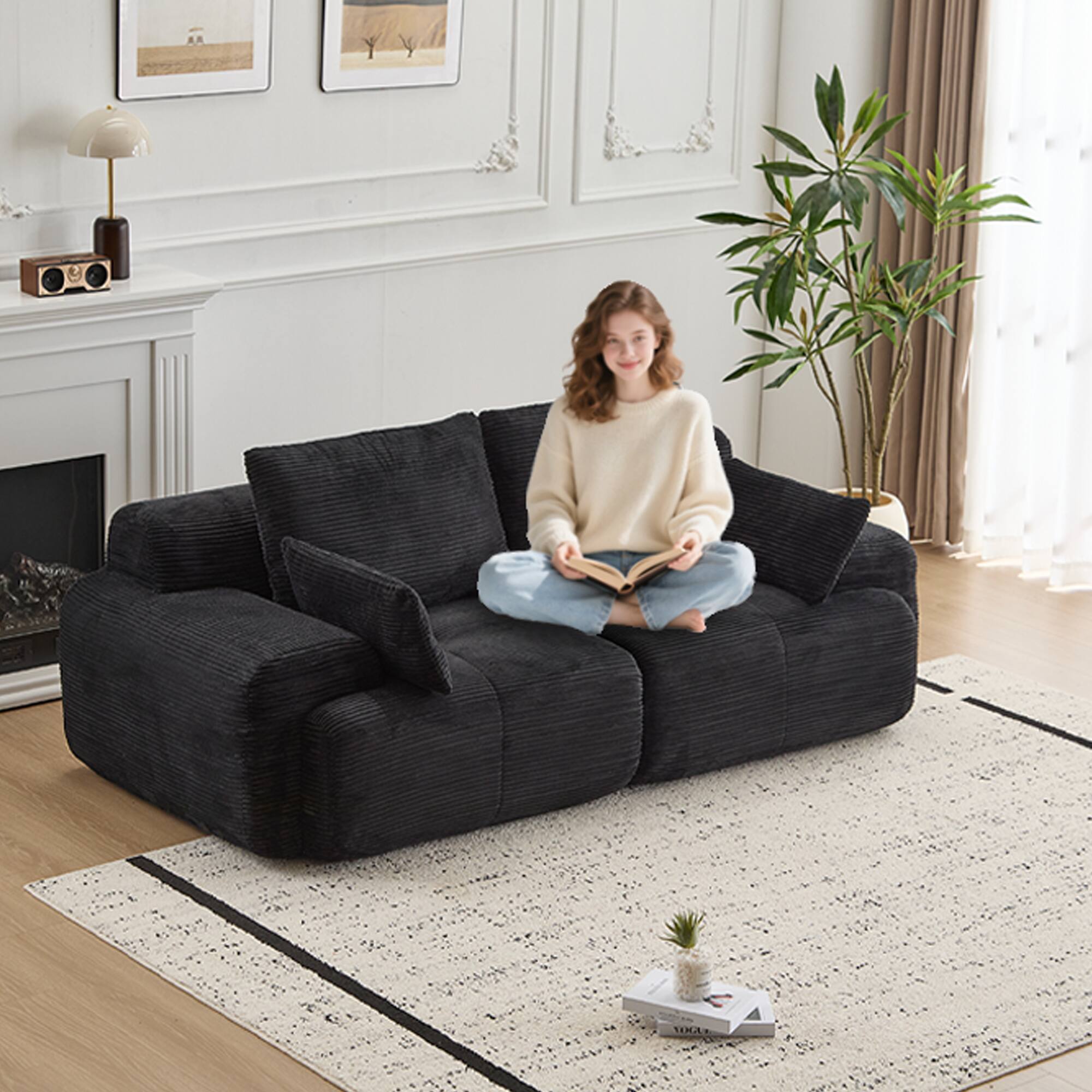 Left. Whisen - 2-Seater Modular Corduroy Sofa, Memory Foam Cloud Couch, Deep Loveseat for Living Room, No Assembly - Black.