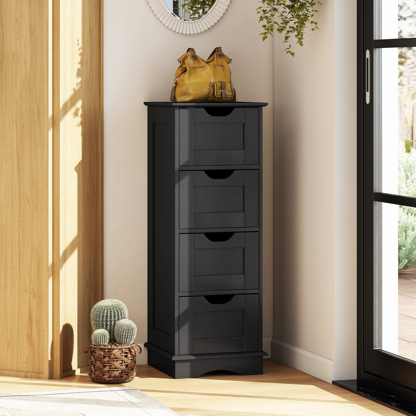 Alt View 1. Gymax - Gymax 4-Drawer Bathroom Cabinet w/Cut-out Handles Anti-toppling Device Narrow Entryway Black - Black.