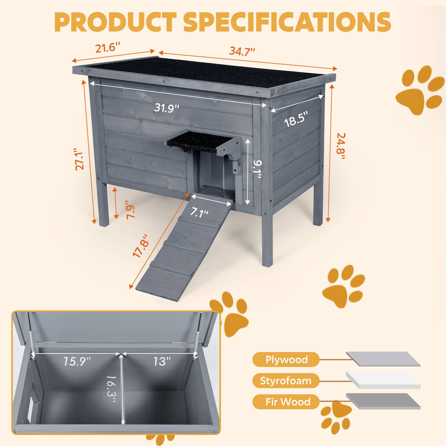 PRODUCT SPECIFICATIONS

- 21.6"
- 34.7"
- 27.1"
- 31.9"
- 9.1"
- 18.5"
- 24.8"
- 7.9"
- 17.8"
- 7.1"
- 15.9"
- 16.3"
- 13"

Materials:
- Plywood
- Styrofoam
- Fir Wood

Dimensions:
- 75.9"
- 13"
- 16.3"