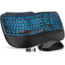 PRIMEPLUS - Wireless Keyboard and Mouse Combo, 4000mAh Rechargeable Backlit, Faux Lambskin Palm Rest, Wave Keys for Win/Mac/Chrome - Black