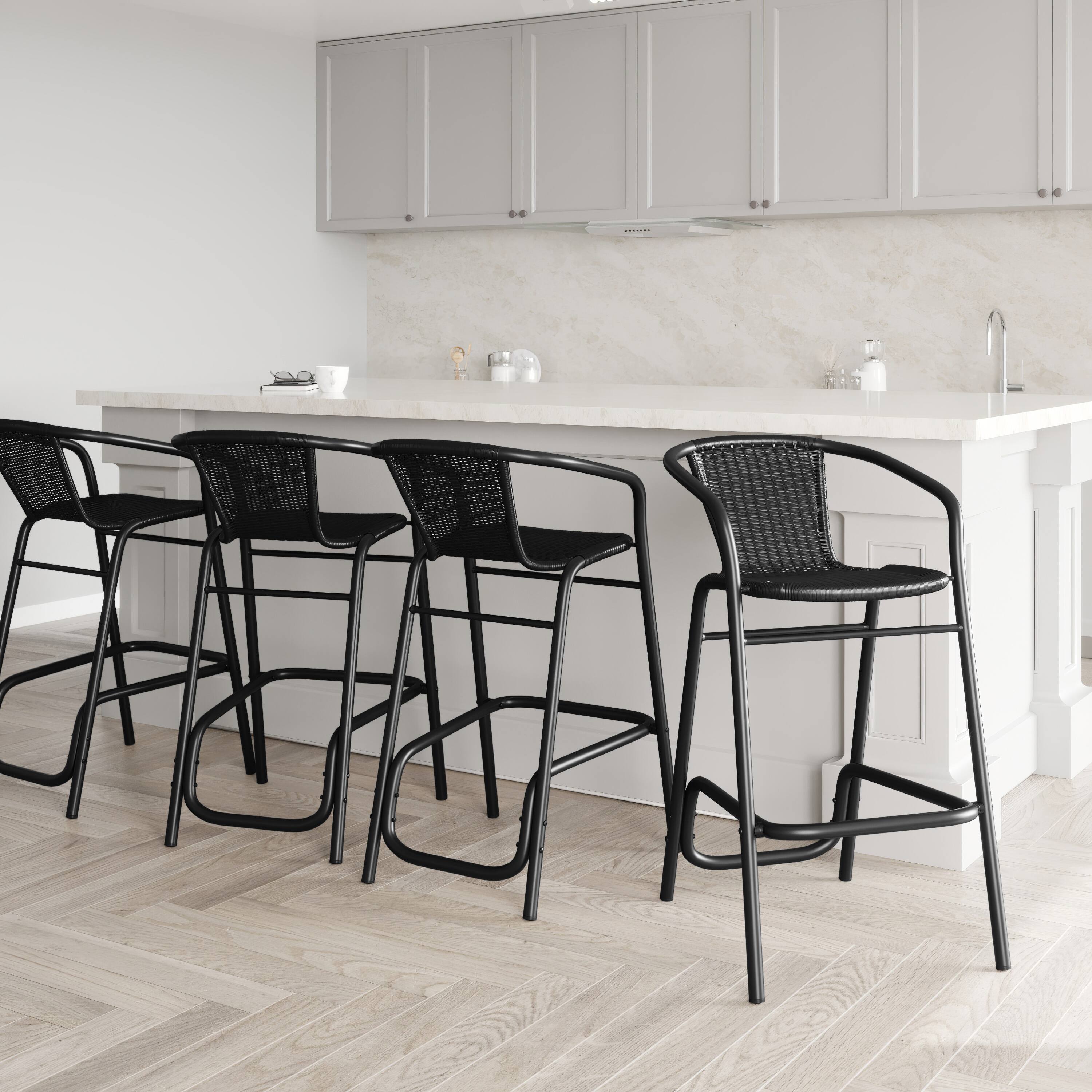 Alt View 1. Emma + Oliver - Rhea Set of Four Indoor/Outdoor Restaurant Style Rattan Barstools - Black.