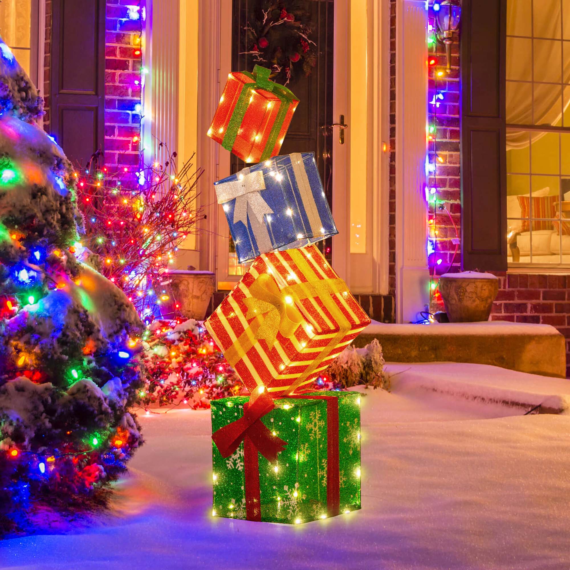 Alt View 1. Costway - Costway Lighted Gift Boxes Set of 4 with Warm White LED Lights & Pre-Assembled Ribbons - Multicolor.