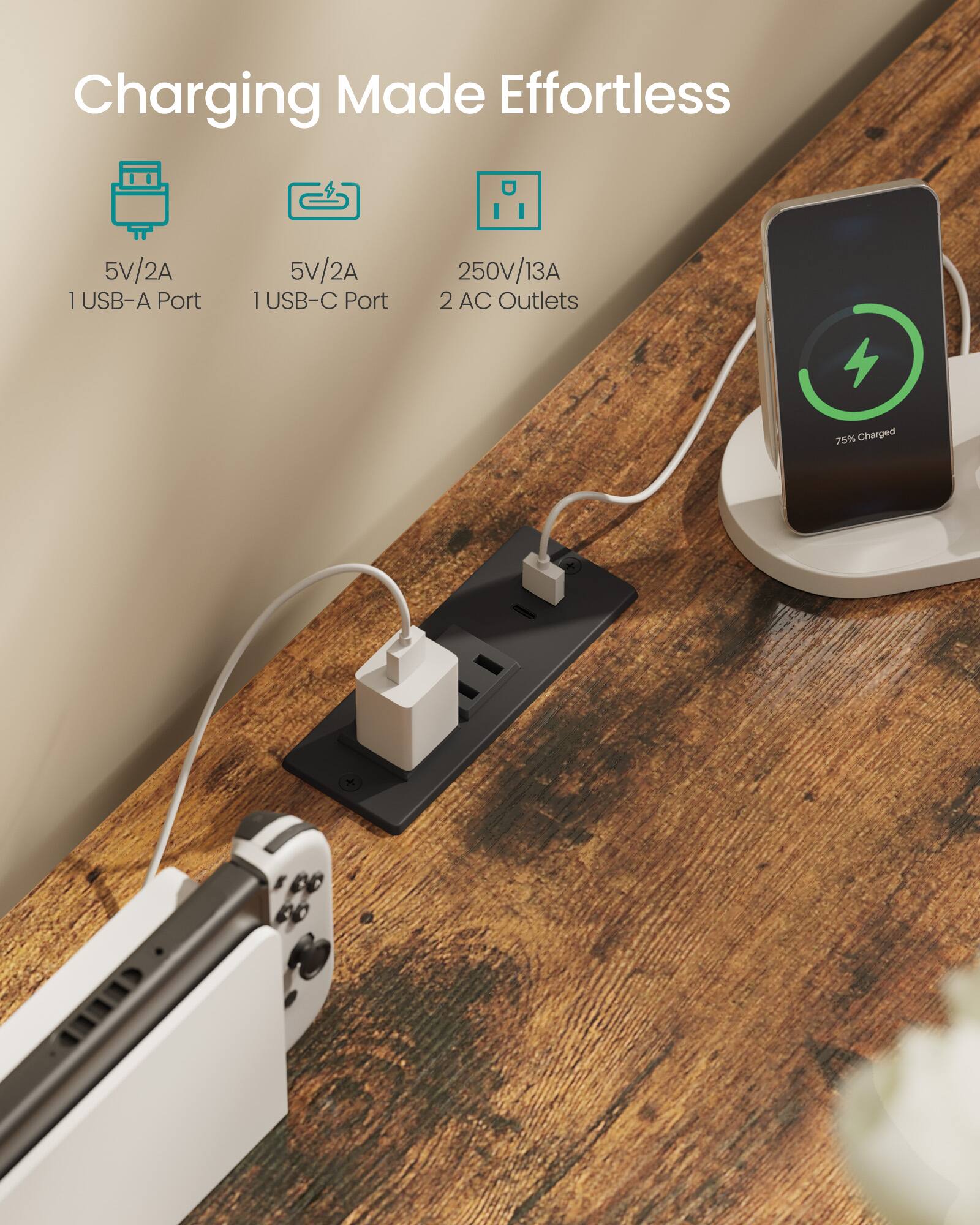Charging Made Effortless

- 5V/2A 1 USB-A Port
- 5V/2A 1 USB-C Port
- 250V/13A 2 AC Outlets
- 75% Charged