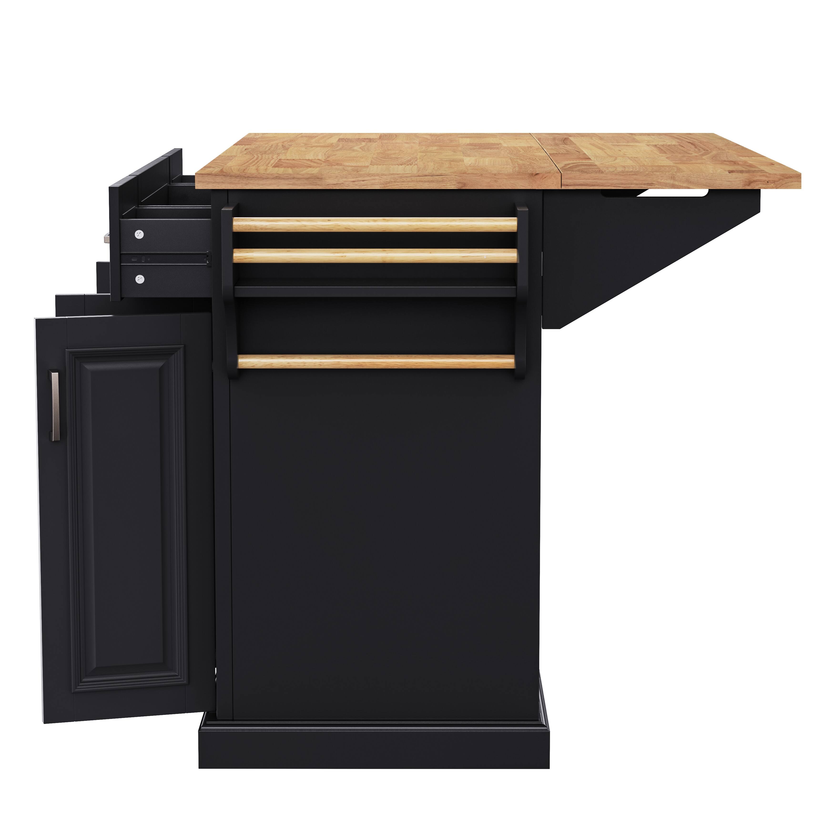Alt View 2. Forest'nSky - 54" Large Rolling Kitchen Island with Rubber Wood Drop Leaf, Embossed Texture, 4 Doors, and 3 Drawers, Black - Black.
