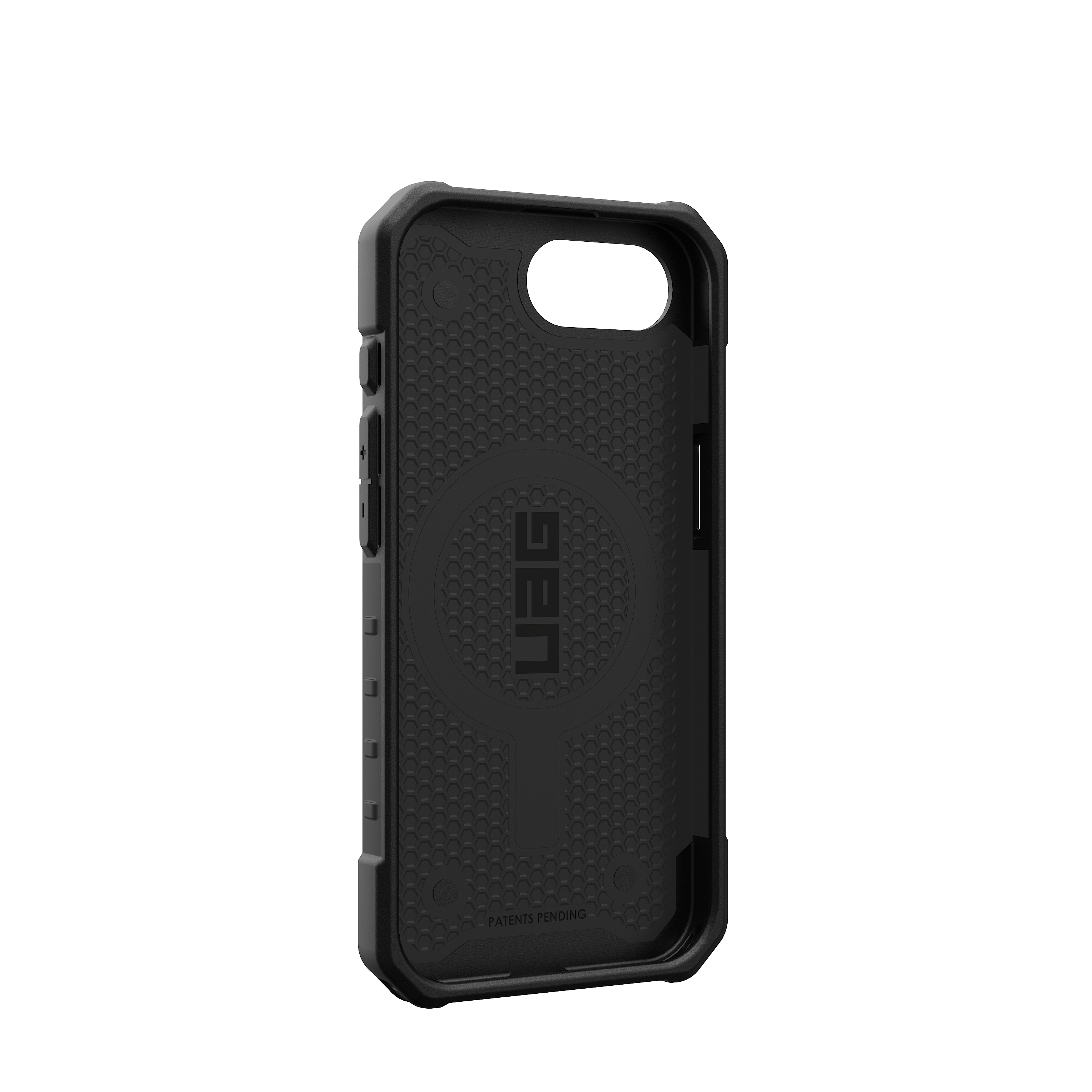 The image shows a black case for an iPhone, which is made by the company LG. The case is designed to protect the phone and features a unique pattern. The case is made of durable materials and is designed to provide a secure fit for the phone. The case is available in various sizes to fit different iPhone models.