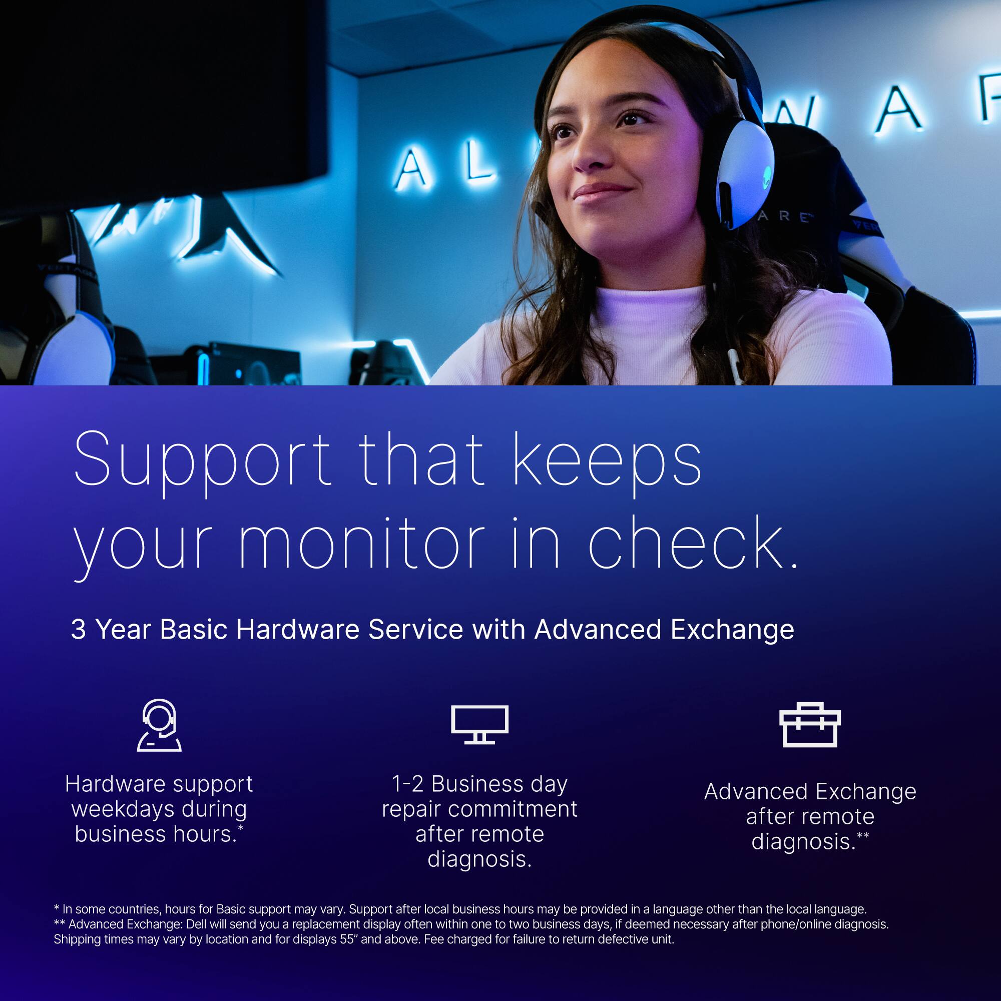 Support that keeps your monitor in check.  
3 Year Basic Hardware Service with Advanced Exchange  

Hardware support weekdays during business hours.  
1-2 Business day repair commitment after remote diagnosis.  
Advanced Exchange after remote diagnosis.  

*In some countries, hours for Basic support may vary. Support after local business hours may be provided in a language other than the local language.  
** Advanced Exchange: Dell will send you a replacement display often within one to two business days, if deemed necessary after phone/online diagnosis. Shipping times may vary by location and for displays 55" and above. Fee charged for failure to return defective unit.