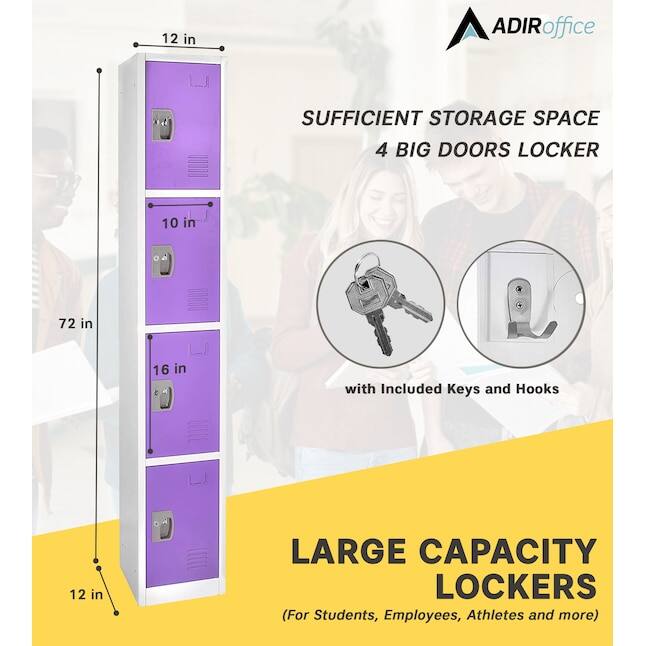 ADIRoffice SUFFICIENT STORAGE SPACE 4 BIG DOORS LOCKER with Included Keys and Hooks LARGE CAPACITY LOCKERS (For Students, Employees, Athletes and more) 12 in 10 in 16 in 72 in