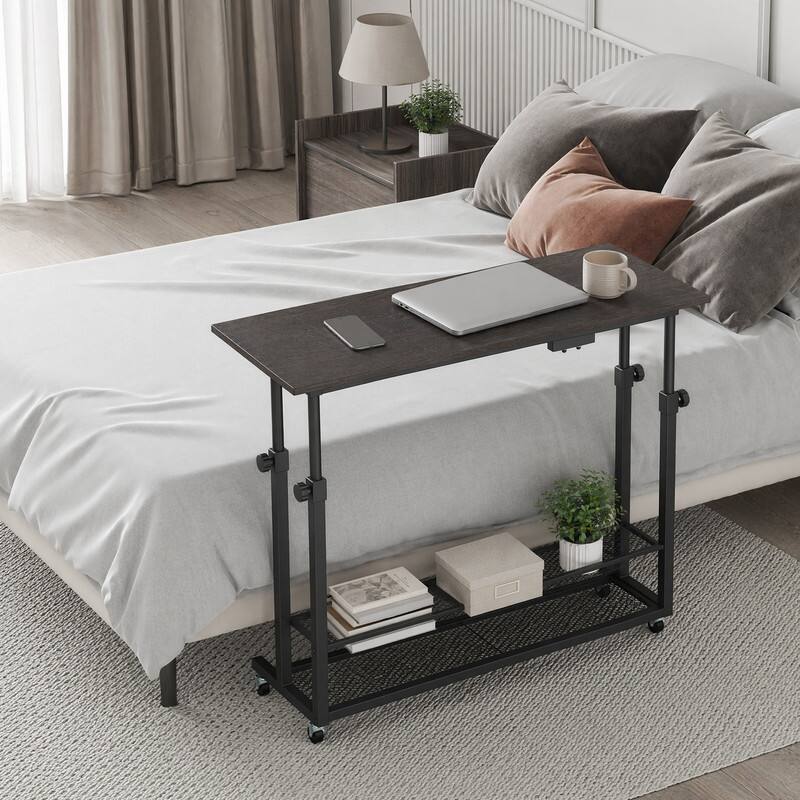 Angle. WELLFOR - 32" Mobile Stand up Desk with Open Shelf & Tilting Tabletop, Height Adjustable Standing Table - Oak.