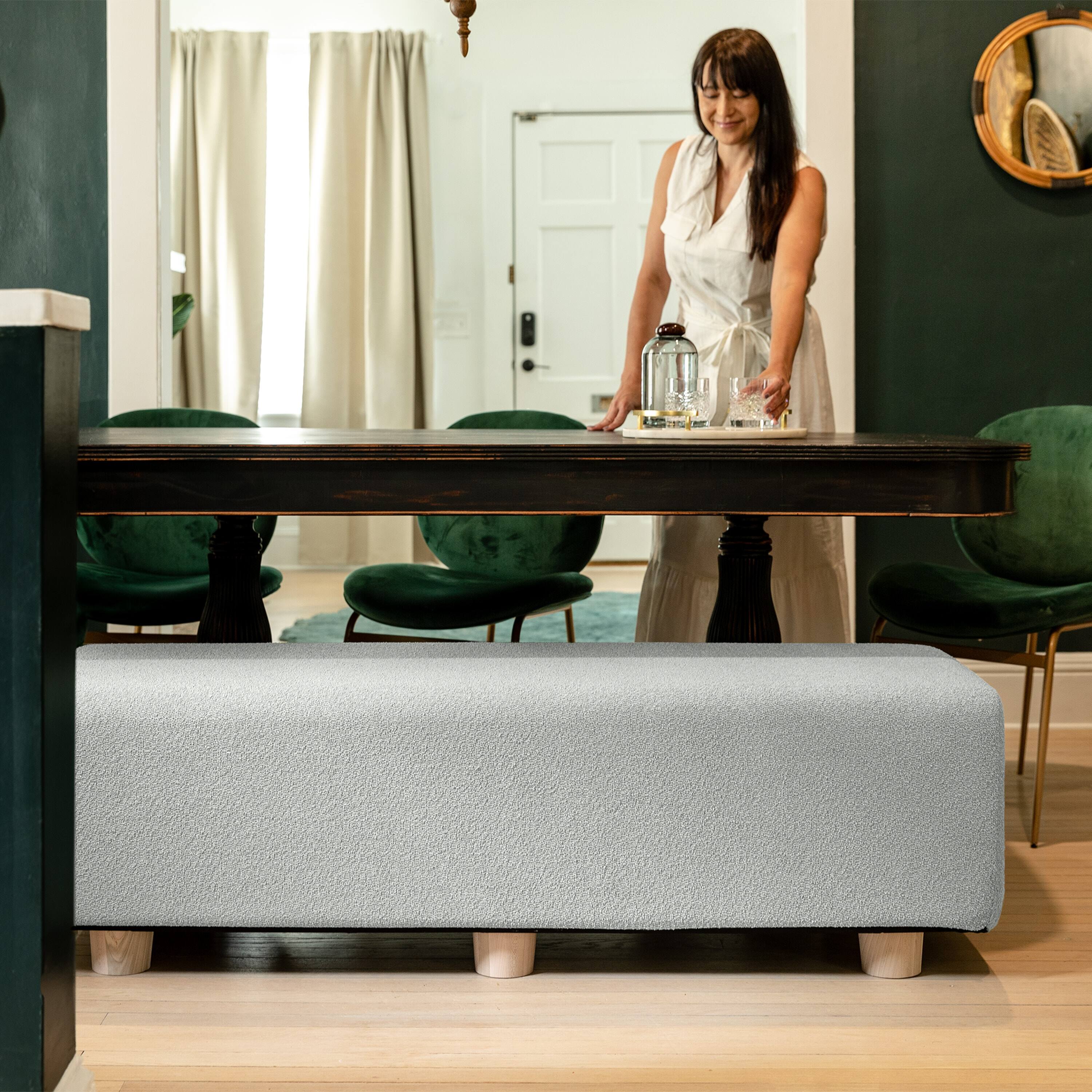 Left. Jaxx - Jaxx Caya 4-in-1 Large Bed Bench, Giant Ottoman, Dining Bench, and Yoga and Massage Platform, King, Boucle Silver - Silver.