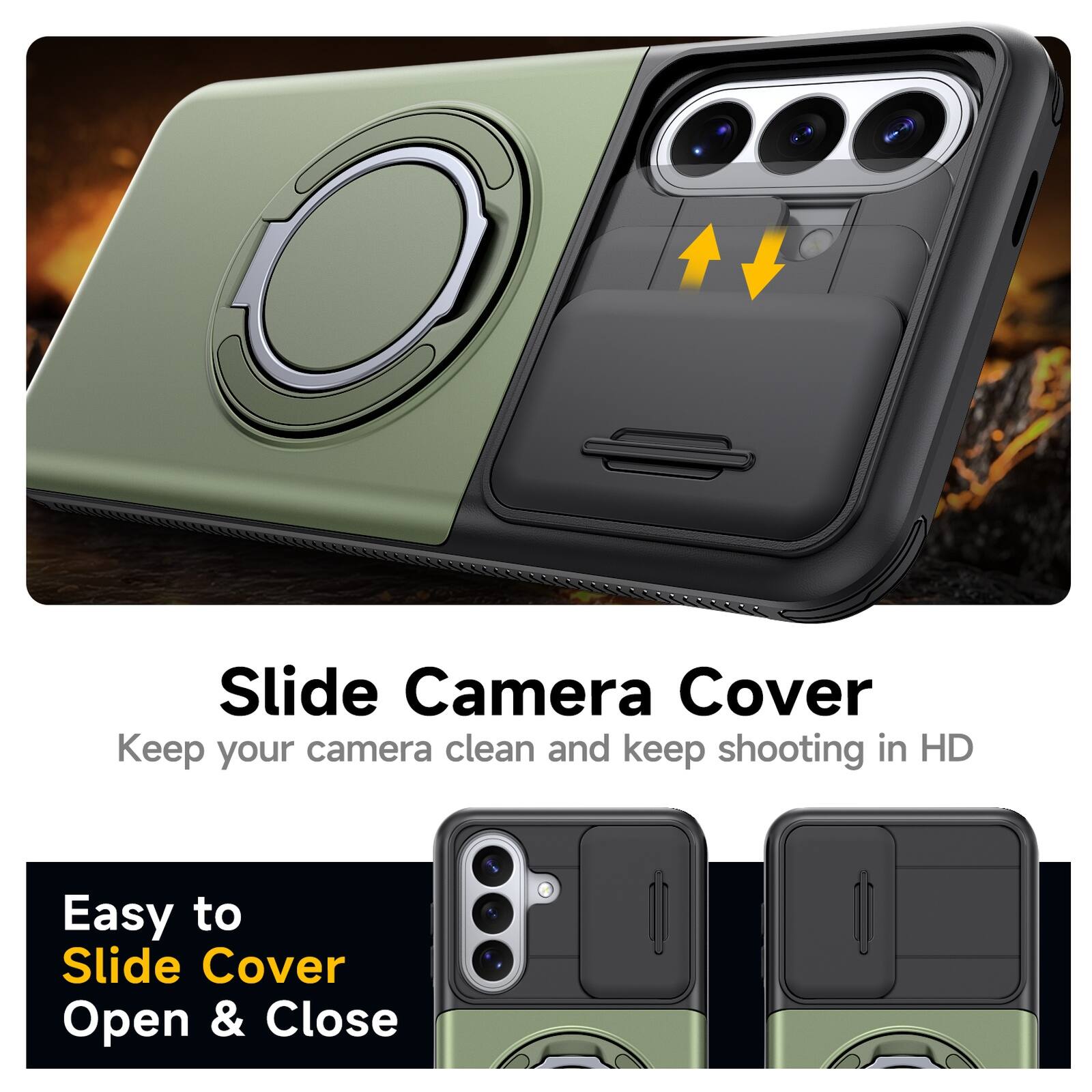 Slide Camera Cover  
Keep your camera clean and keep shooting in HD  
Easy to Slide Cover Open & Close