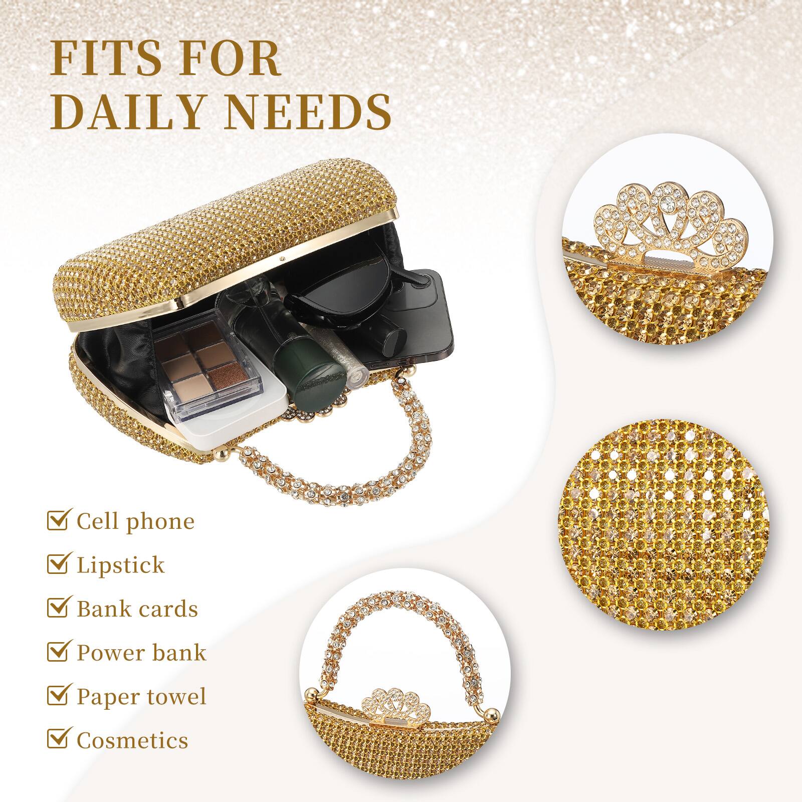 FITS FOR DAILY NEEDS

- Cell phone
- Lipstick
- Bank cards
- Power bank
- Paper towel
- Cosmetics