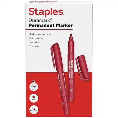Staples Duramark Permanent Marker
Marks most surfaces
Fade resistant
Low odor
Non-toxic
FINE
12 MARKERS
Staples Duramark RED